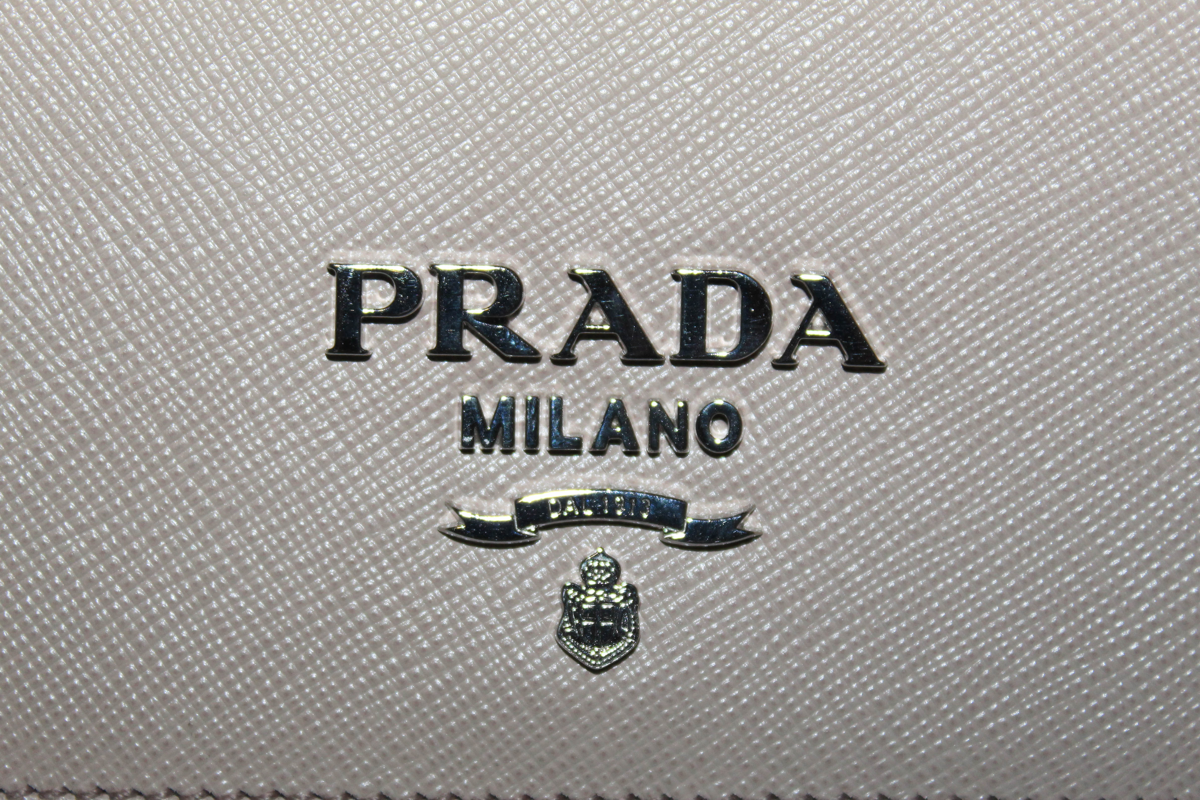 Authentic New Prada Powder Beige Saffiano Leather Mini Bag with Chain