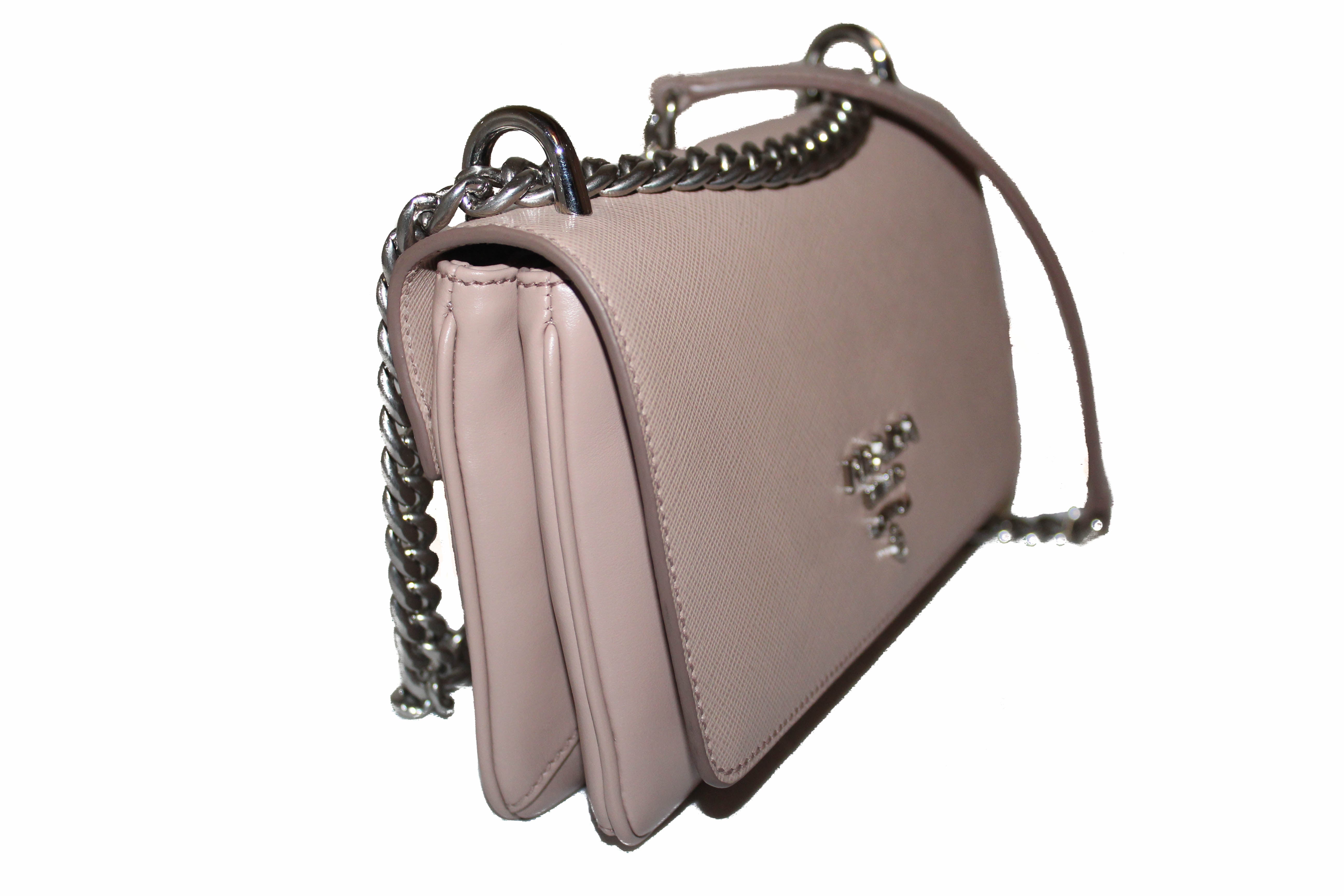 Authentic New Prada Powder Beige Saffiano Leather Mini Bag with Chain