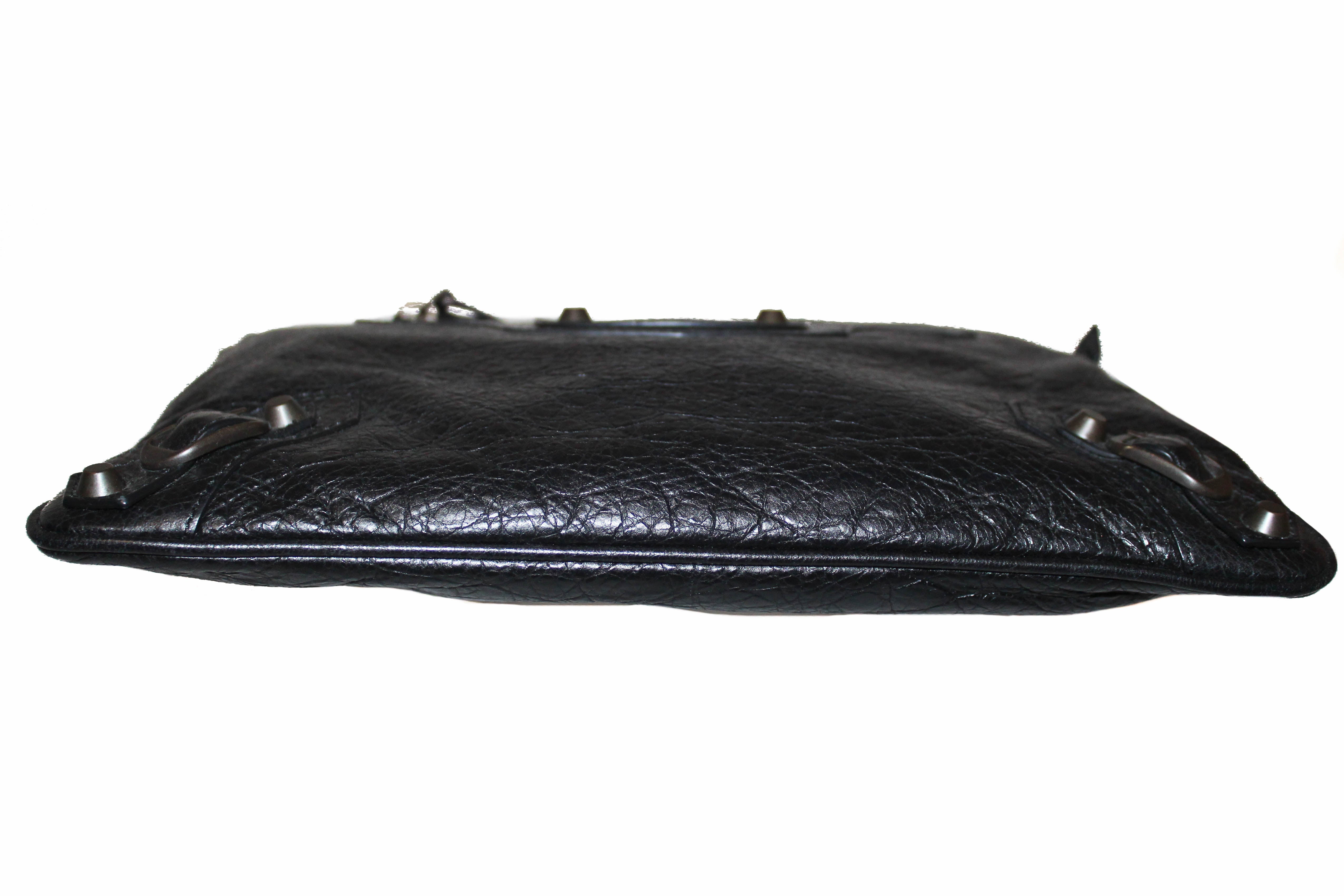 Authentic Balenciaga Black Agneau Leather Classic Motorcycle Clutch Bag 292955