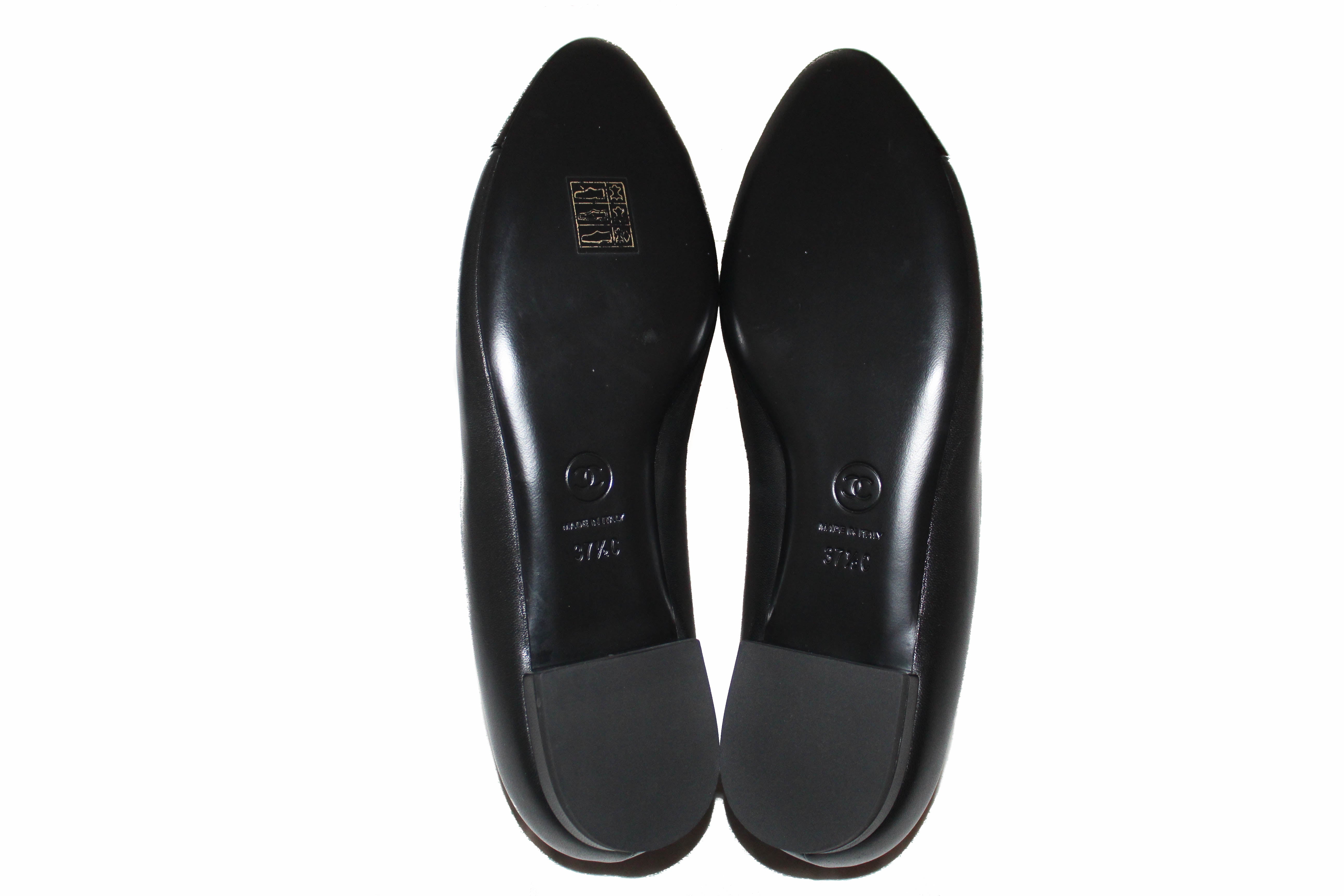 Authentic New Chanel Black Pointed Toe Camelia Flats Size 37.5