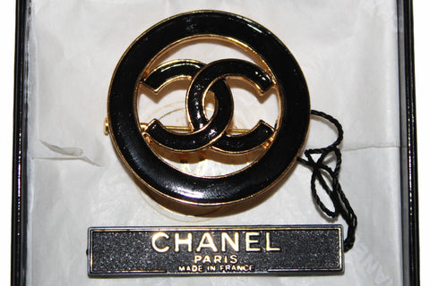 Authentic Vintage Chanel Black/Gold Circle CC Logo Brooch Pin