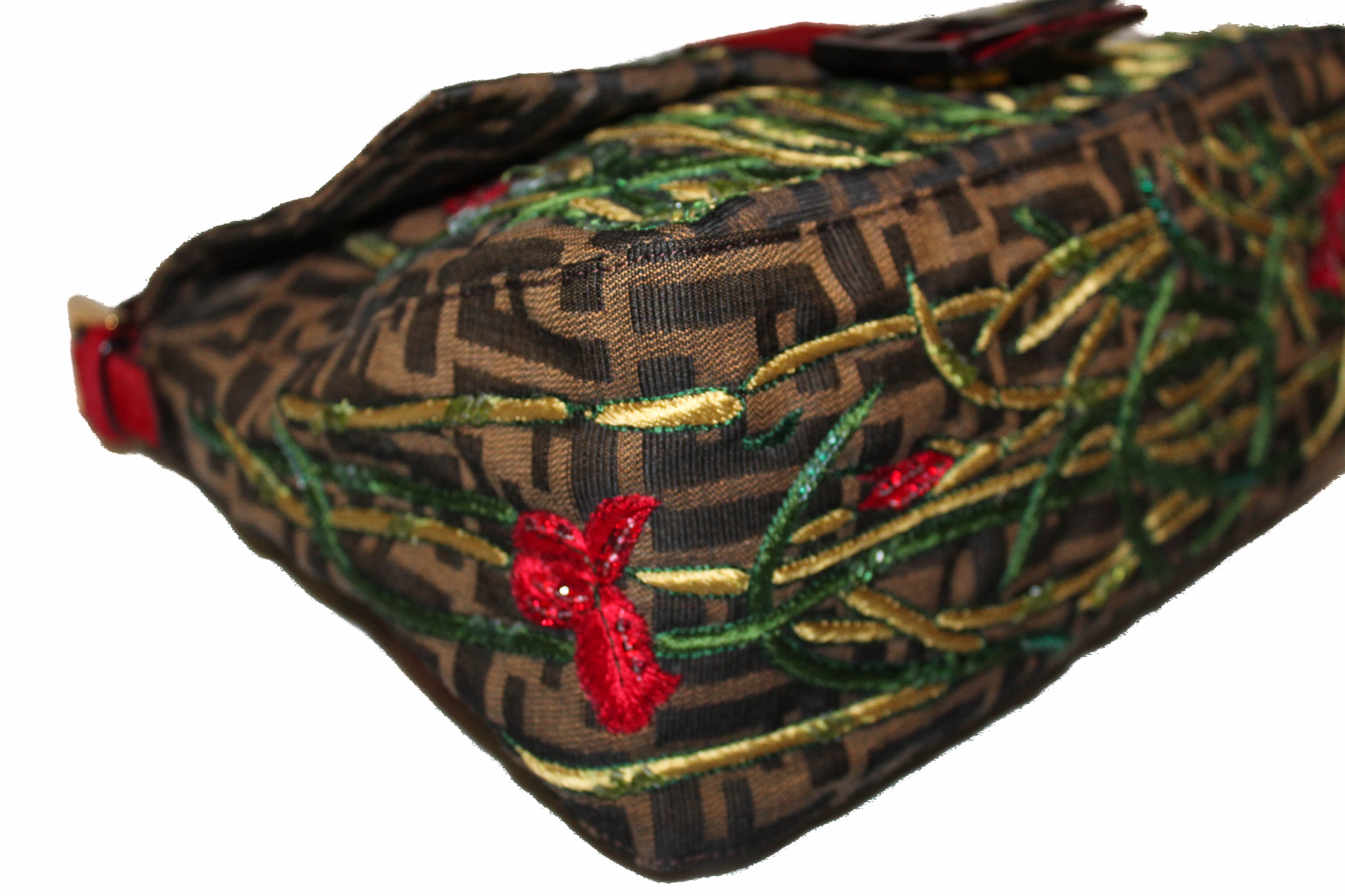 Authentic New Fendi Floral Embroidered Beaded Monogram Zucca Print Large Baguette Shoulder Bag