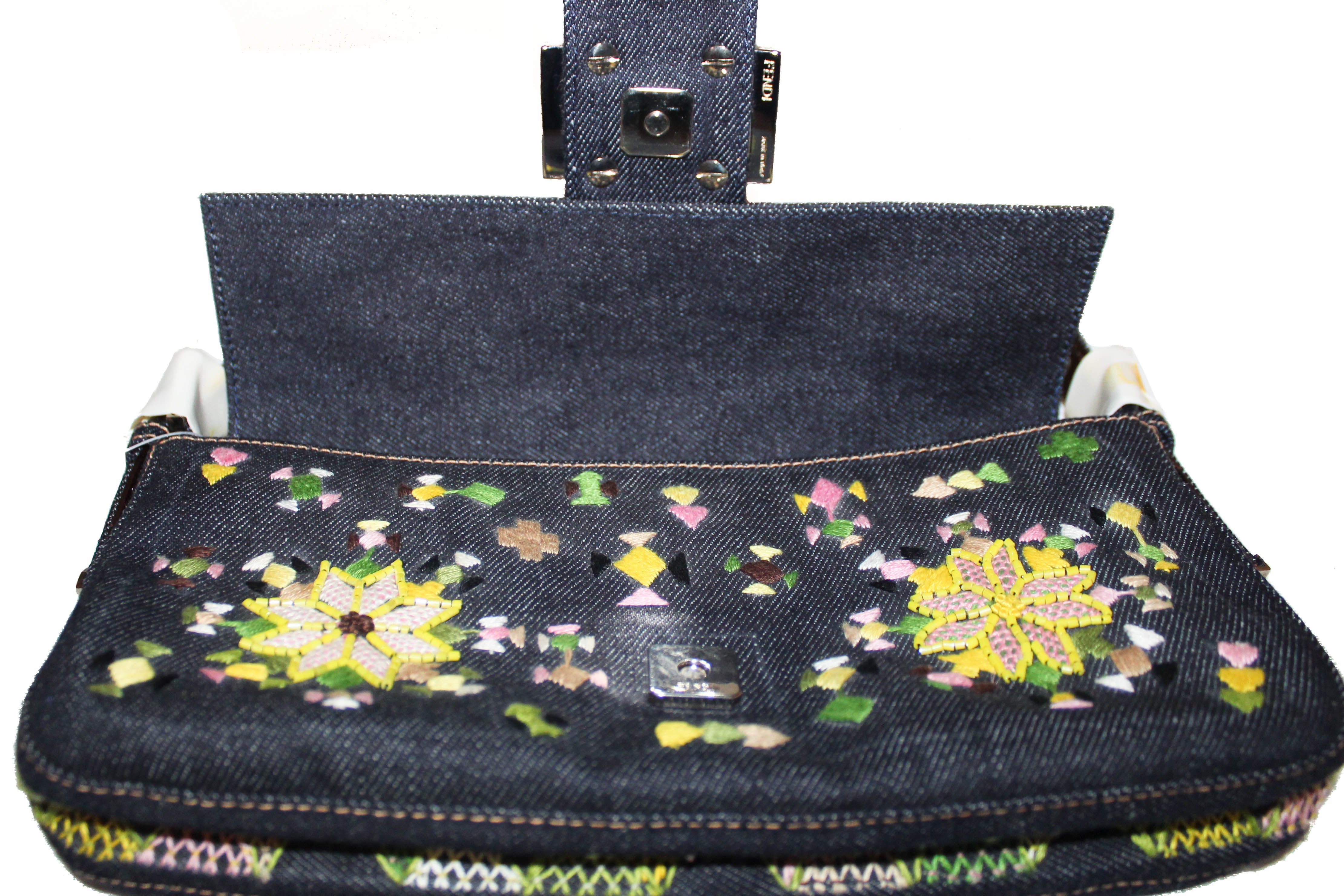 Authentic New Fendi Blue Denim Floral Embroidered Beaded Baguette Shoulder Bag