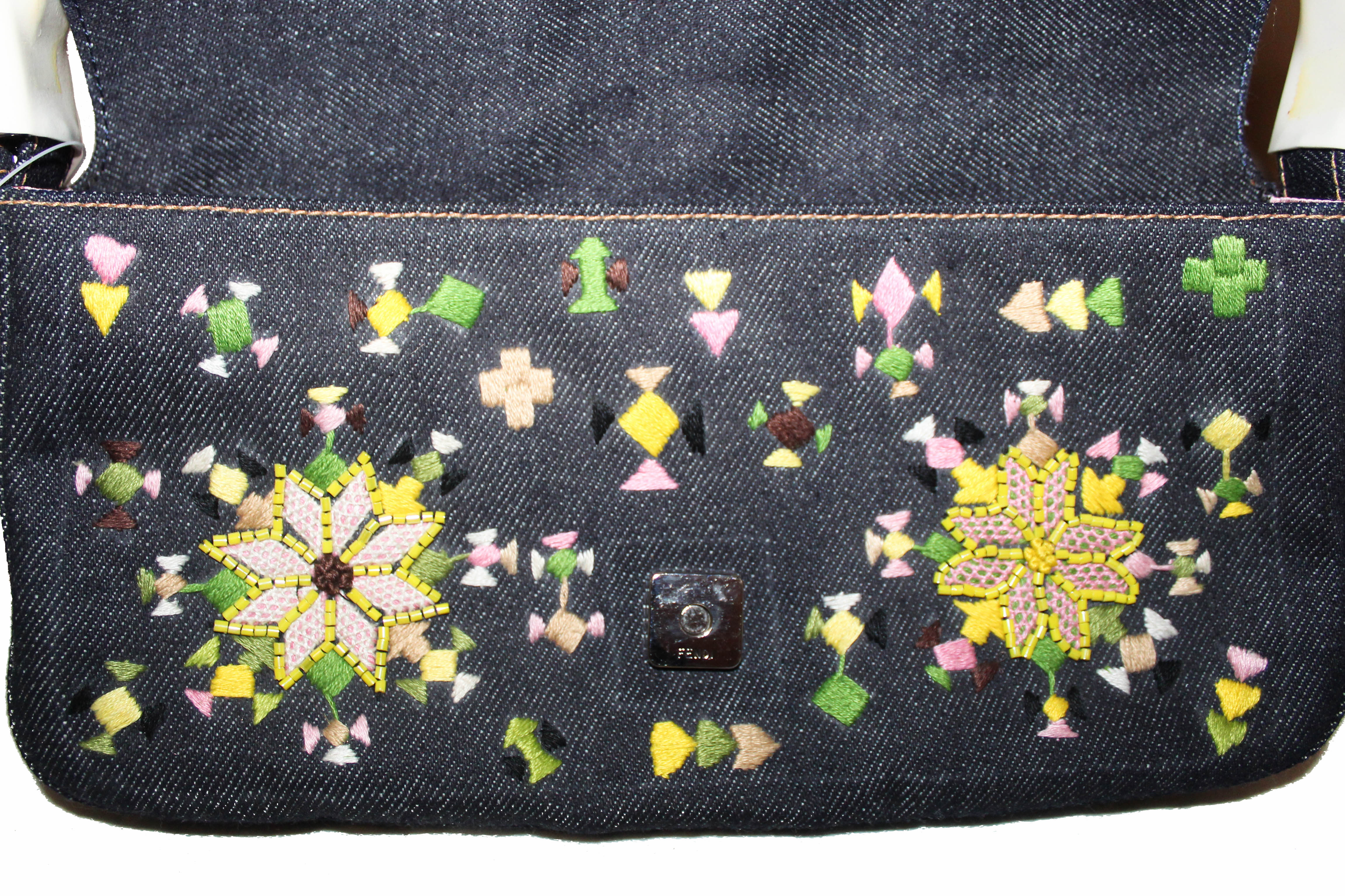 Authentic New Fendi Blue Denim Floral Embroidered Beaded Baguette Shoulder Bag