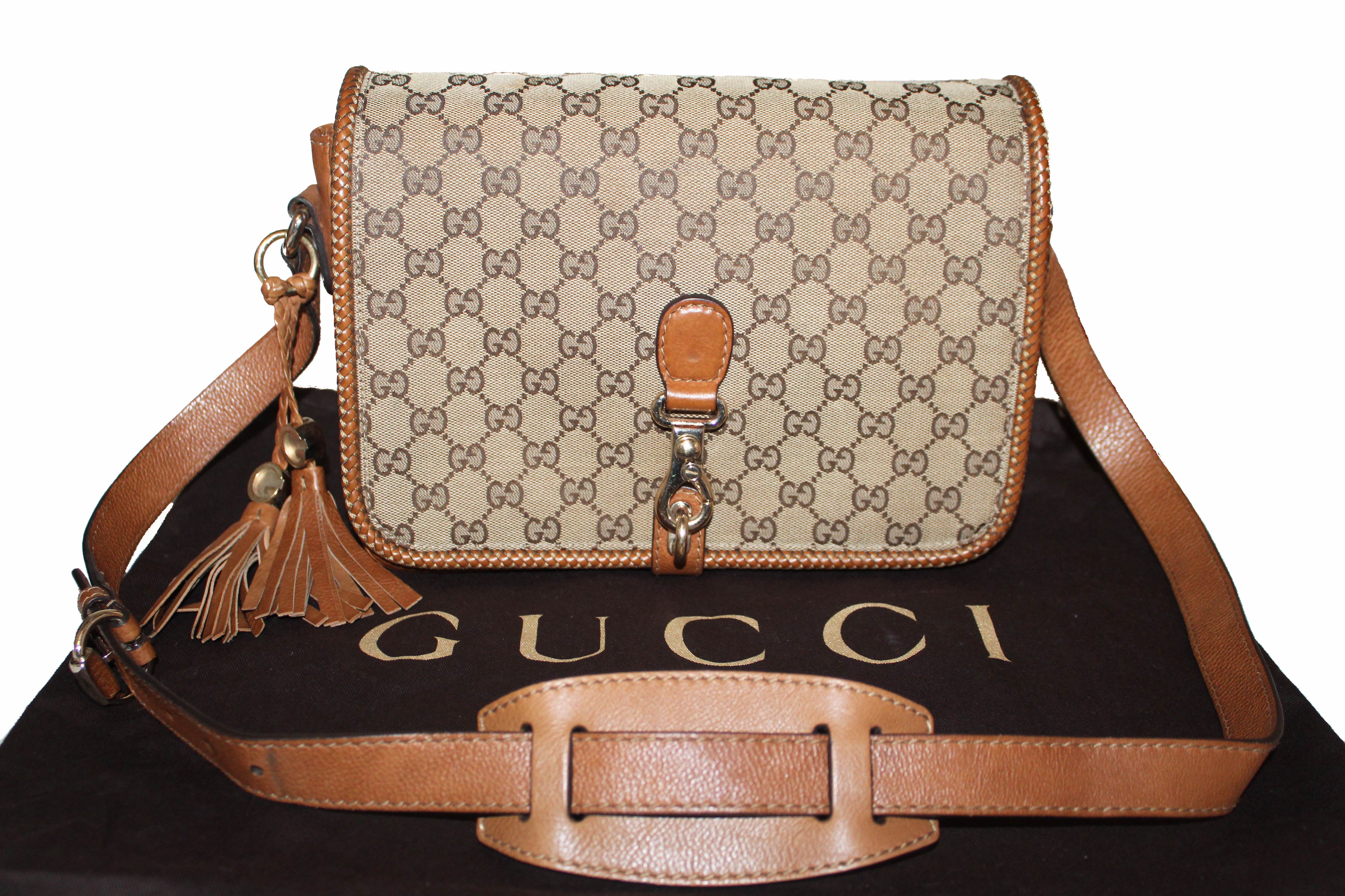 Authentic Gucci Camel Brown GG Signature Canvas Marrakech Medium Shoulder Bag