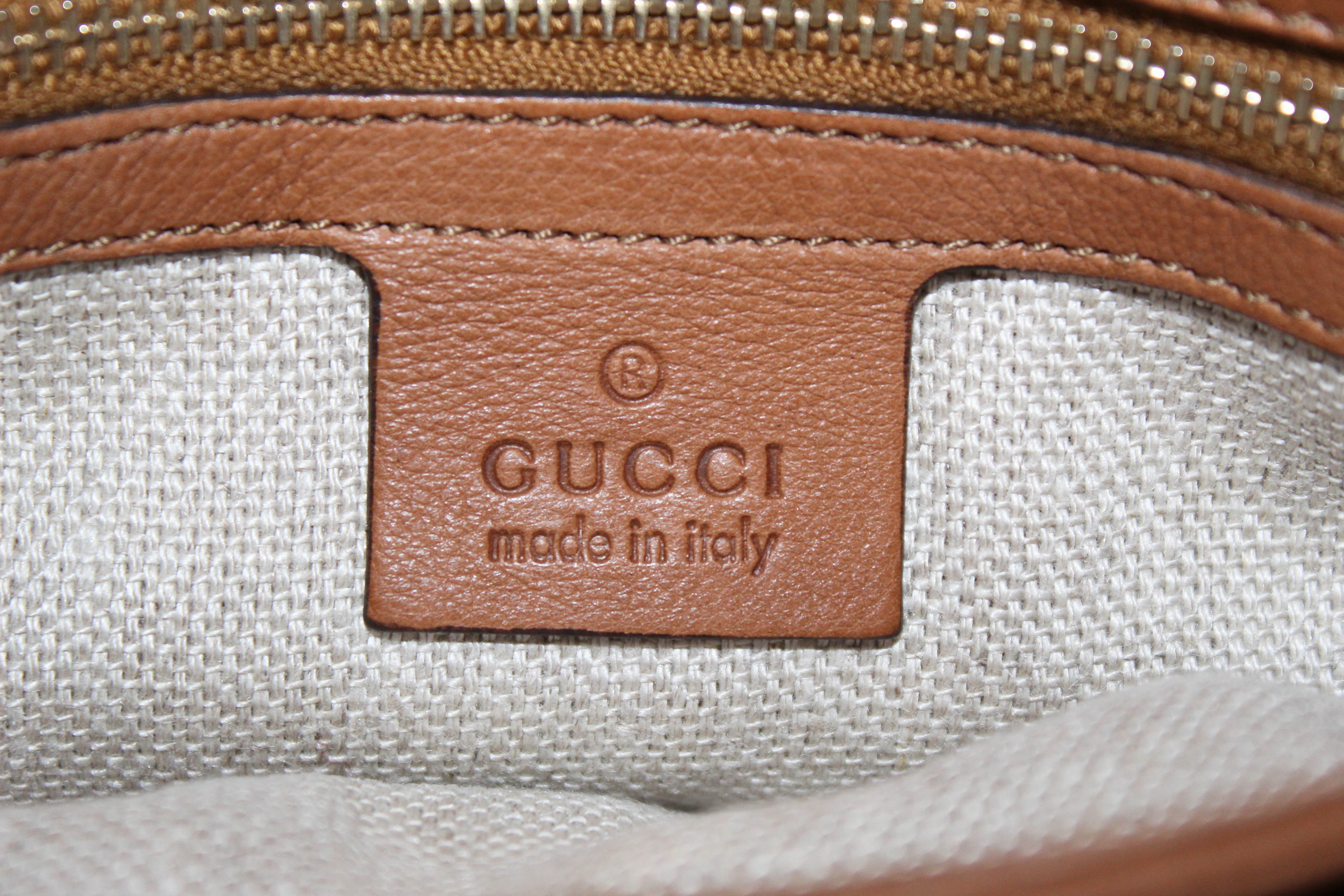 Authentic Gucci Camel Brown GG Signature Canvas Marrakech Medium Shoulder Bag