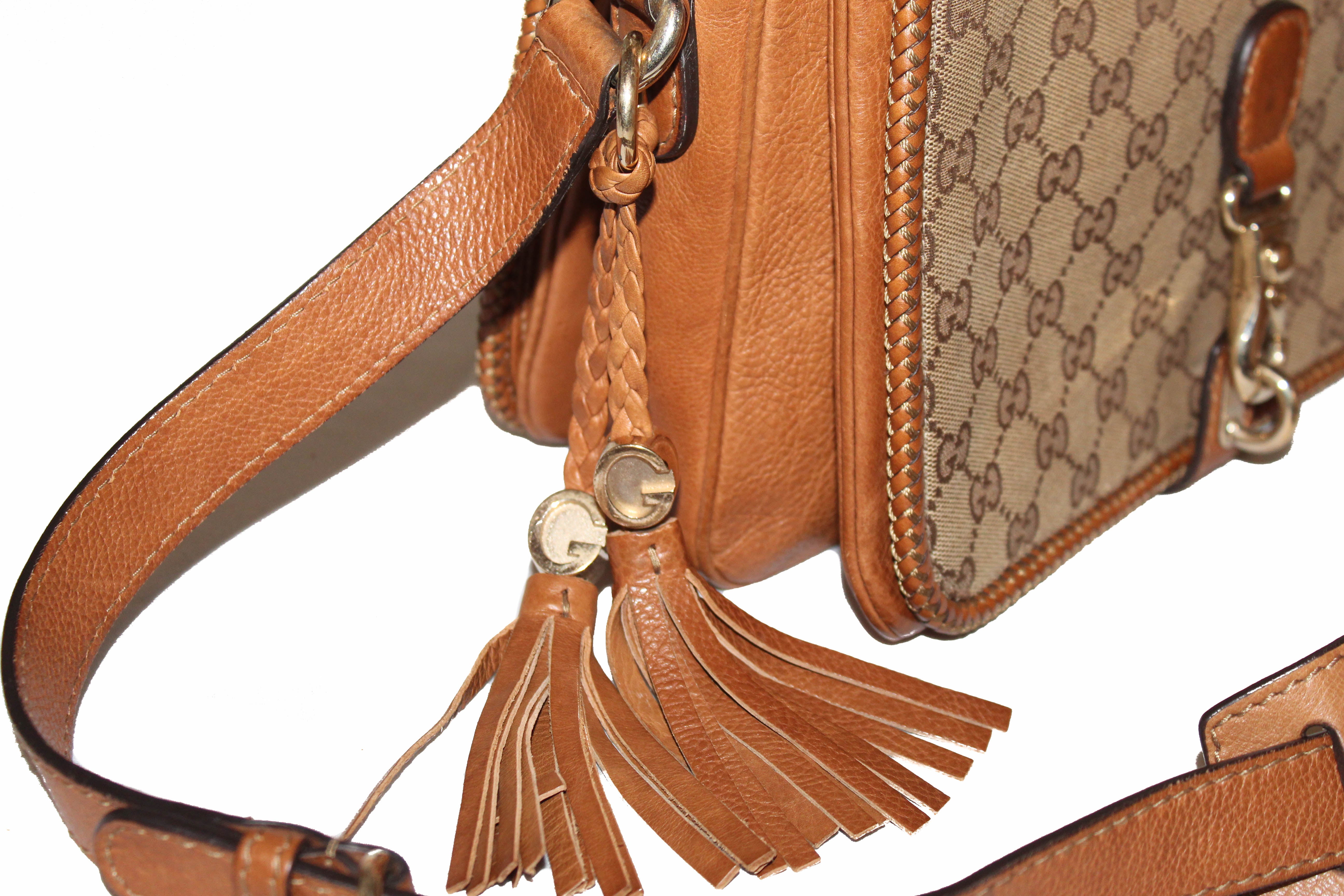 Authentic Gucci Camel Brown GG Signature Canvas Marrakech Medium Shoulder Bag