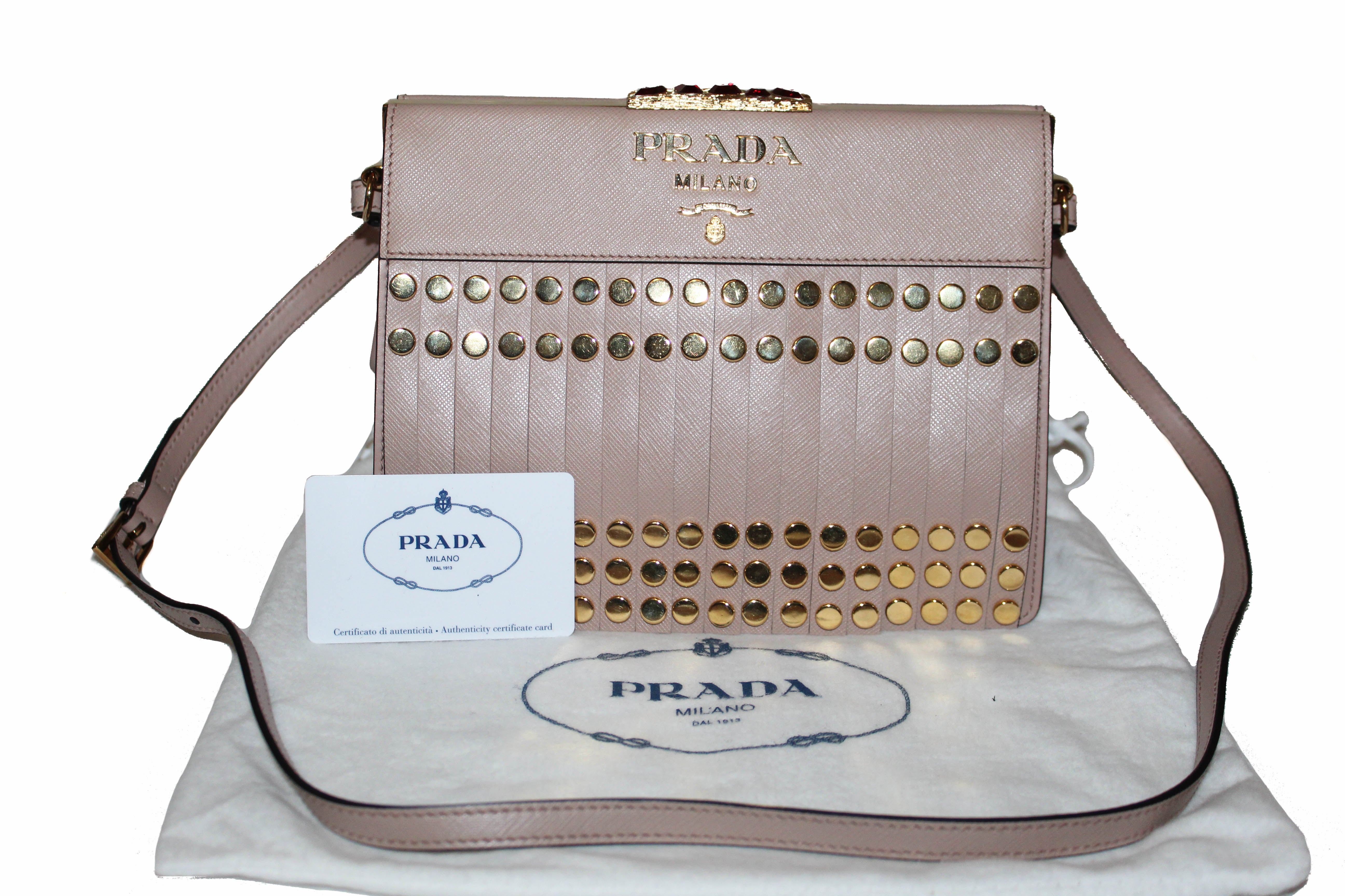 Authentic Prada Beige Blush Saffiano and City Idol Fringes and Studs Leather Bag 1BC046