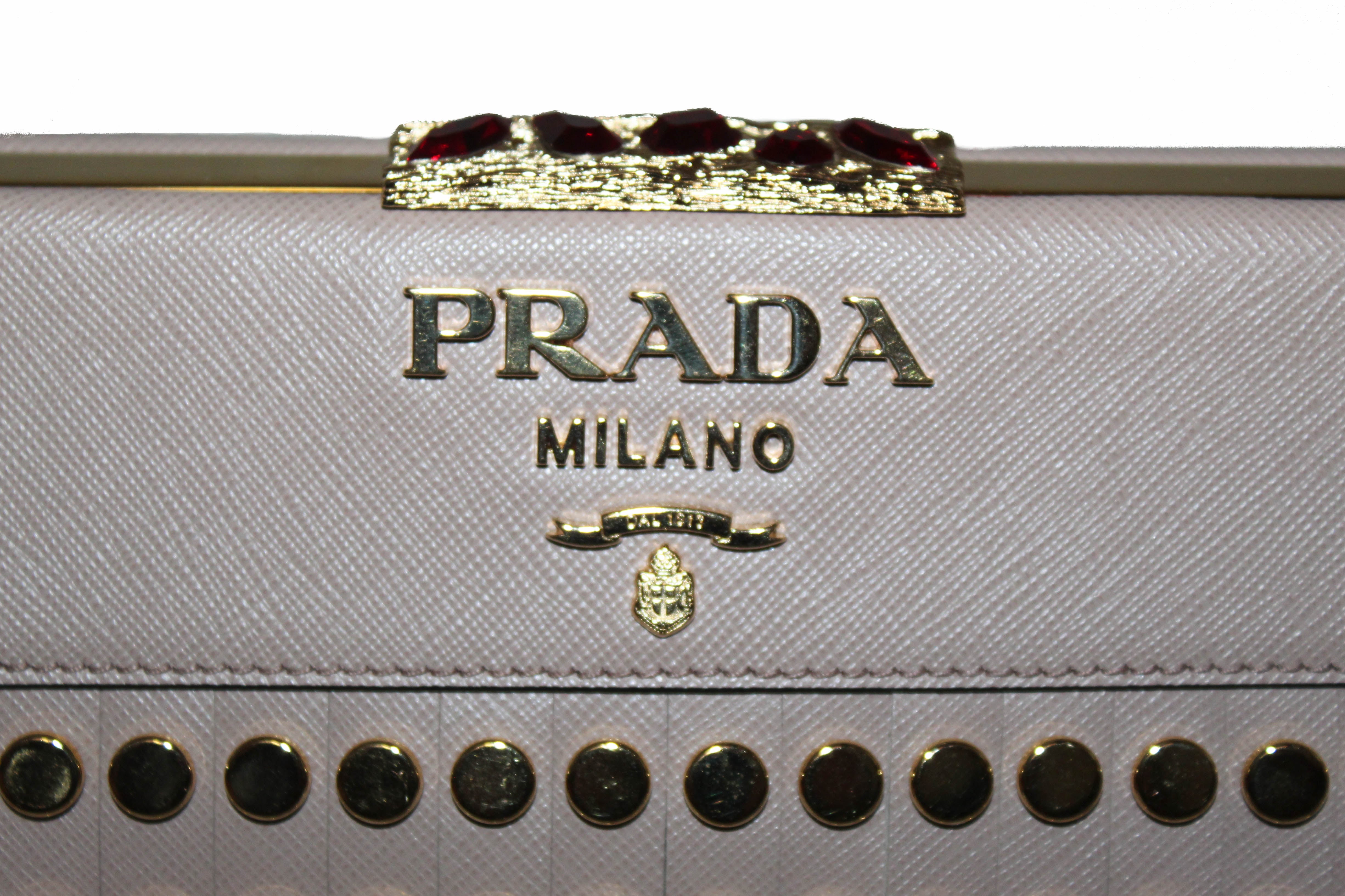 Authentic Prada Beige Blush Saffiano and City Idol Fringes and Studs Leather Bag 1BC046