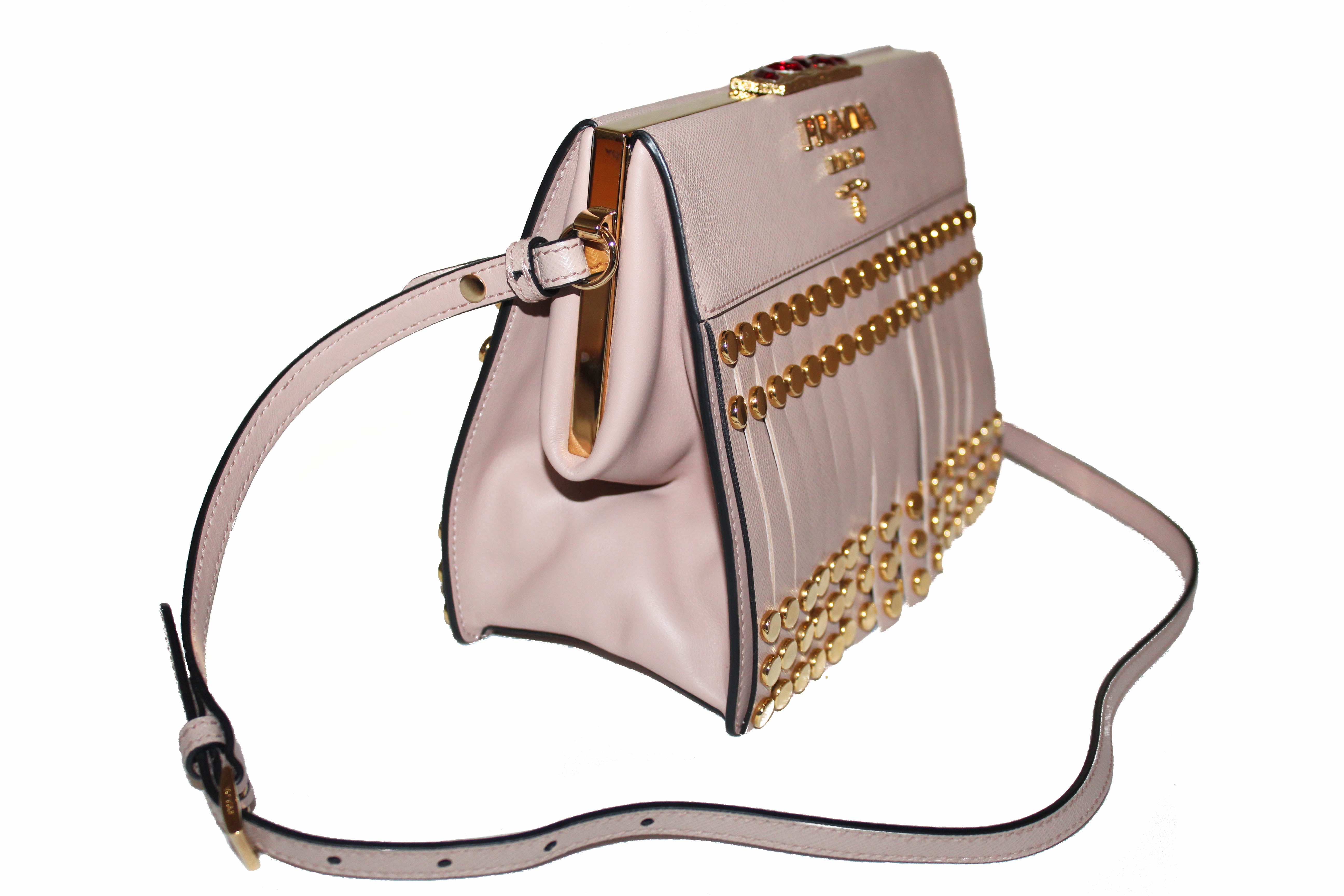 Authentic Prada Beige Blush Saffiano and City Idol Fringes and Studs Leather Bag 1BC046