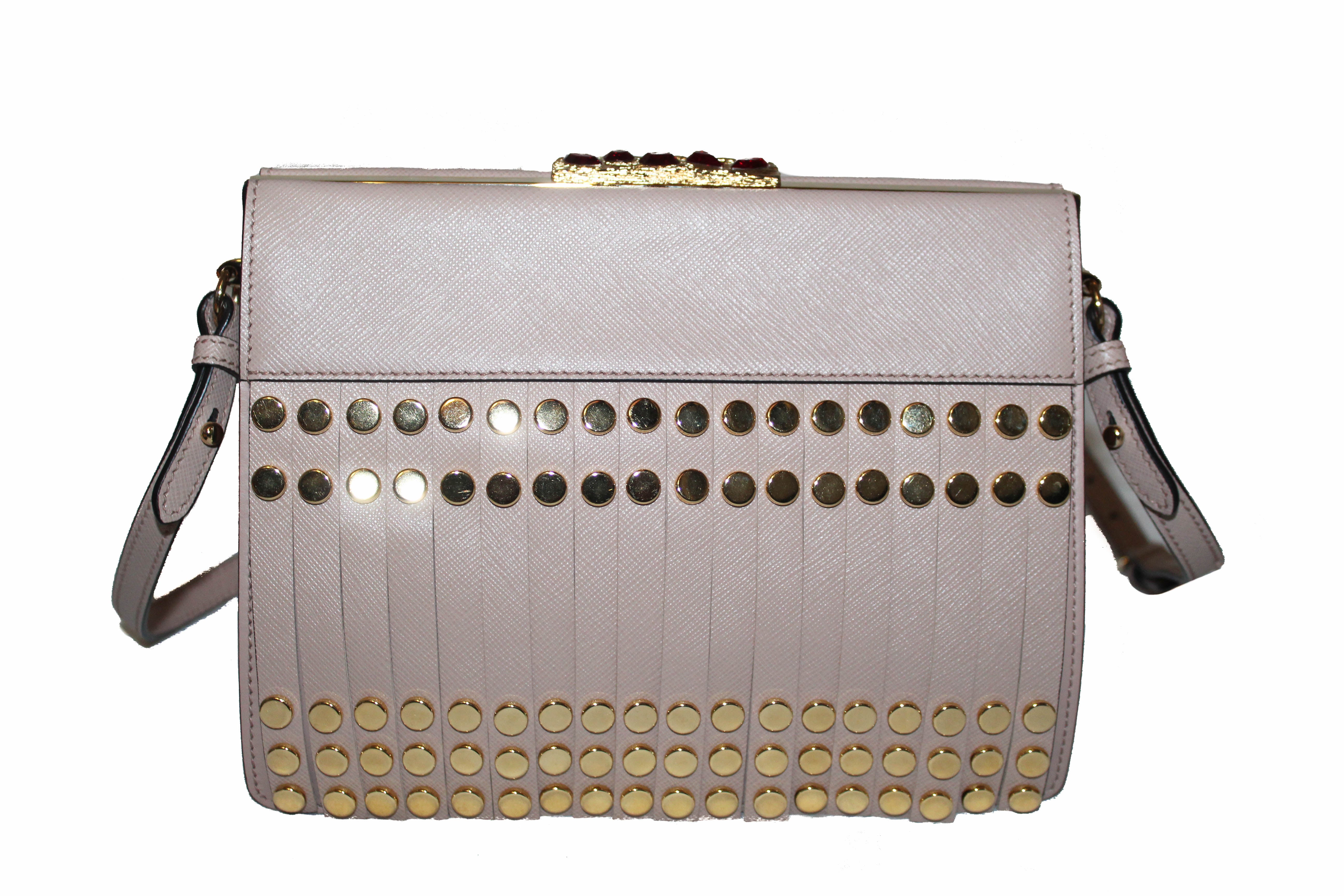 Authentic Prada Beige Blush Saffiano and City Idol Fringes and Studs Leather Bag 1BC046