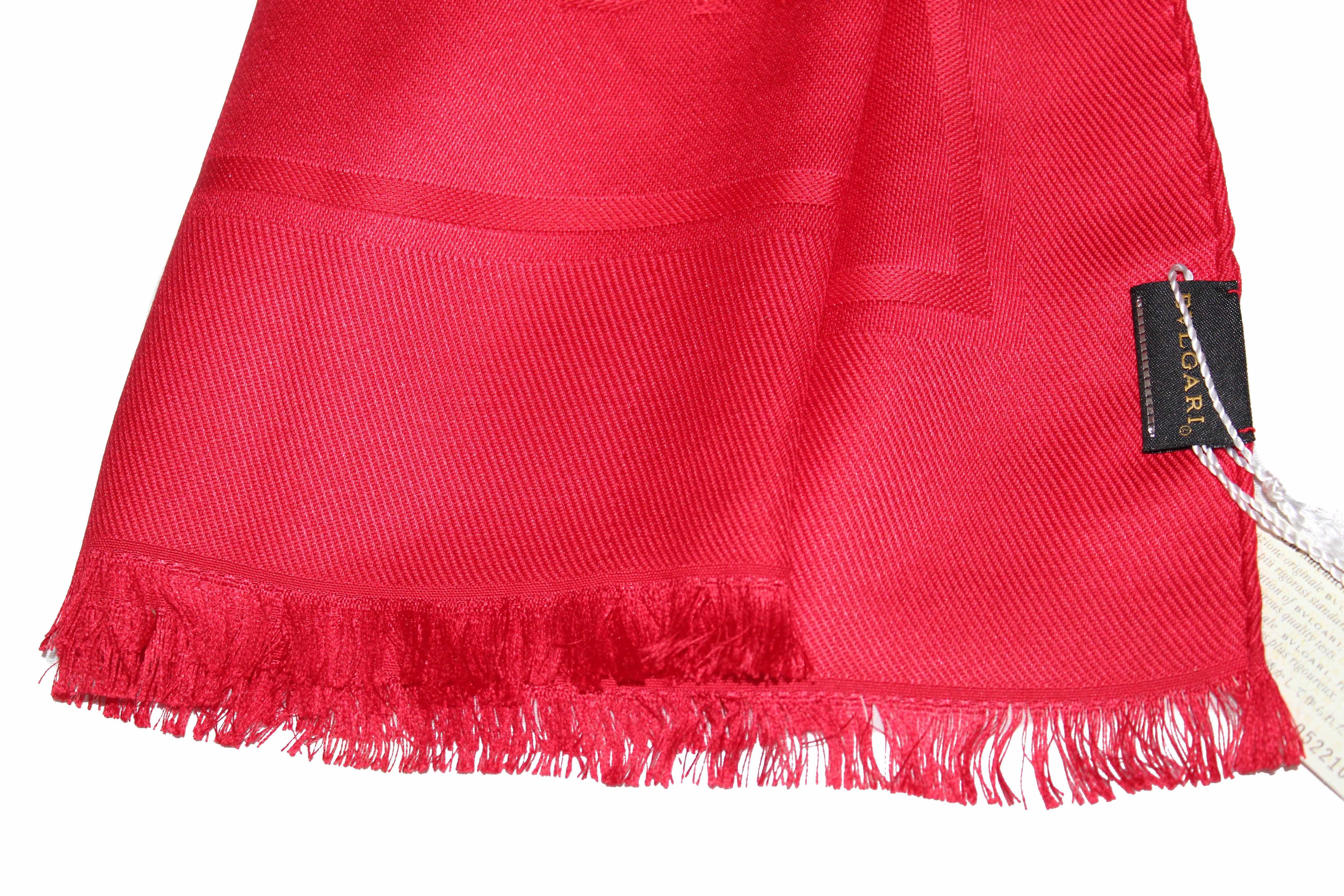 Authentic New Bvlgari Red Silk Wool Long Logo Logomania Stole Scarf Shawl