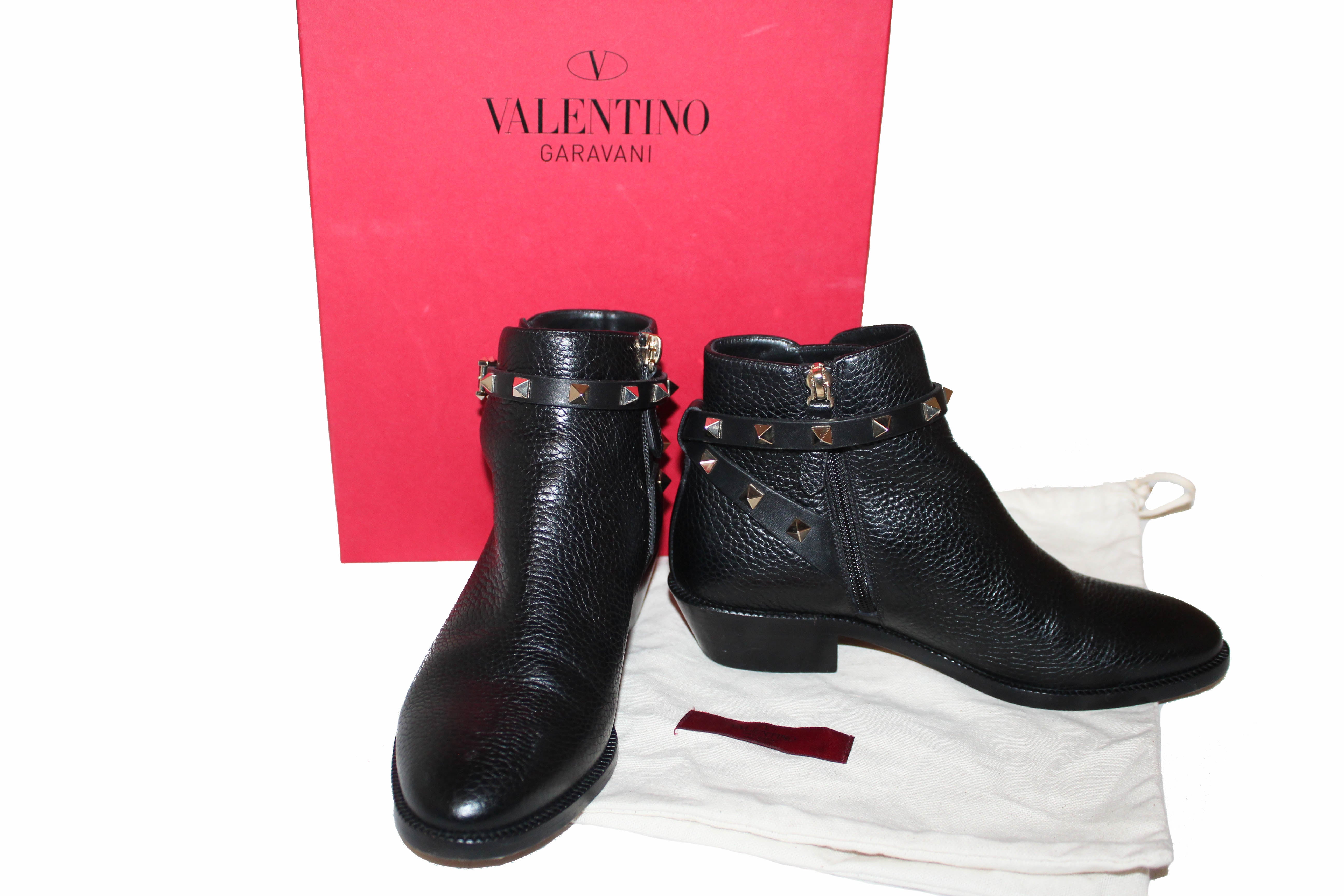 Authentic Valentino Black Leather Rockstud Grainy Calfskin Ankle Boots Shoes Size 36