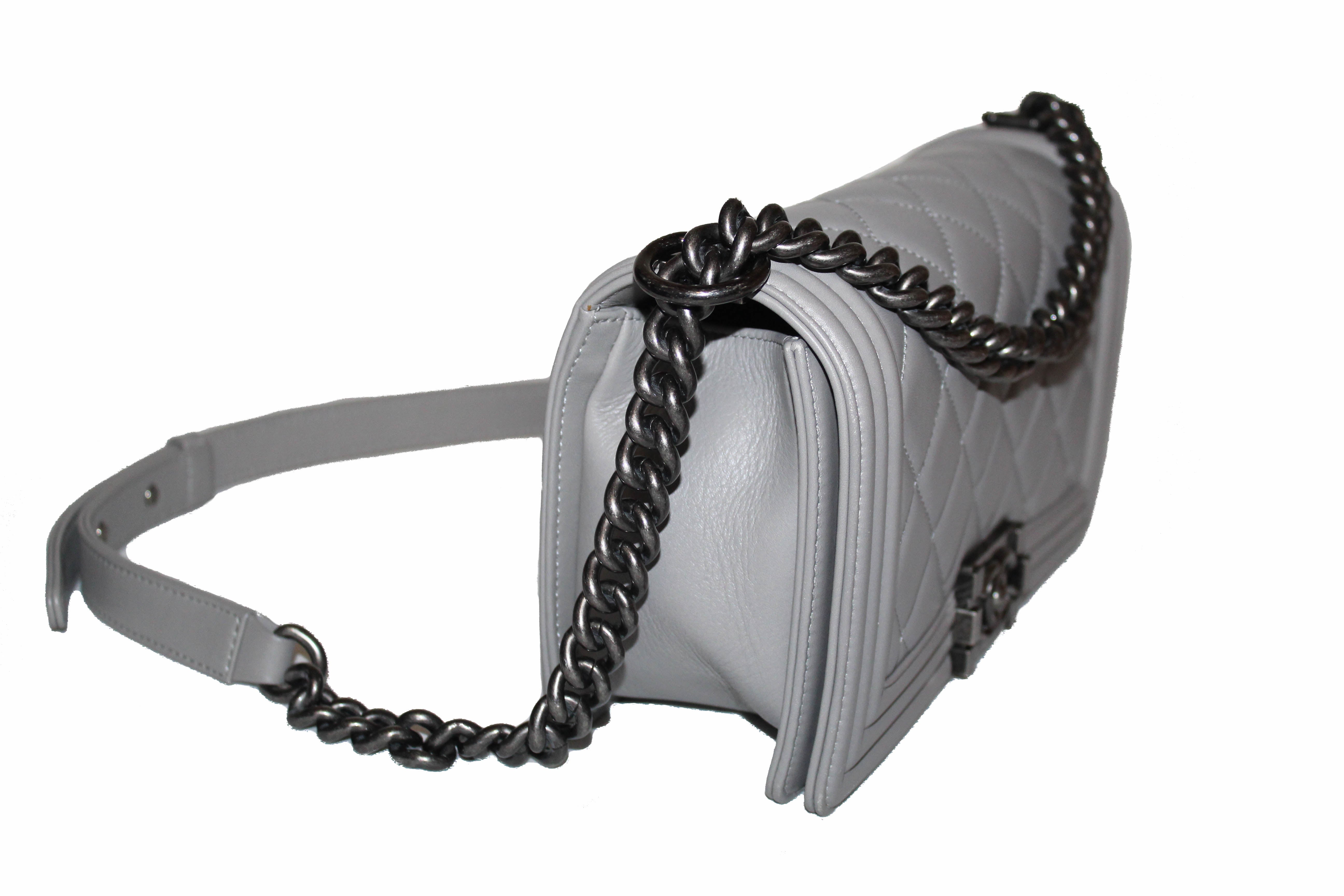 Authentic Chanel Grey Calfskin Quilted Old Medium Boy Chanel Shoulder Messenger Bag