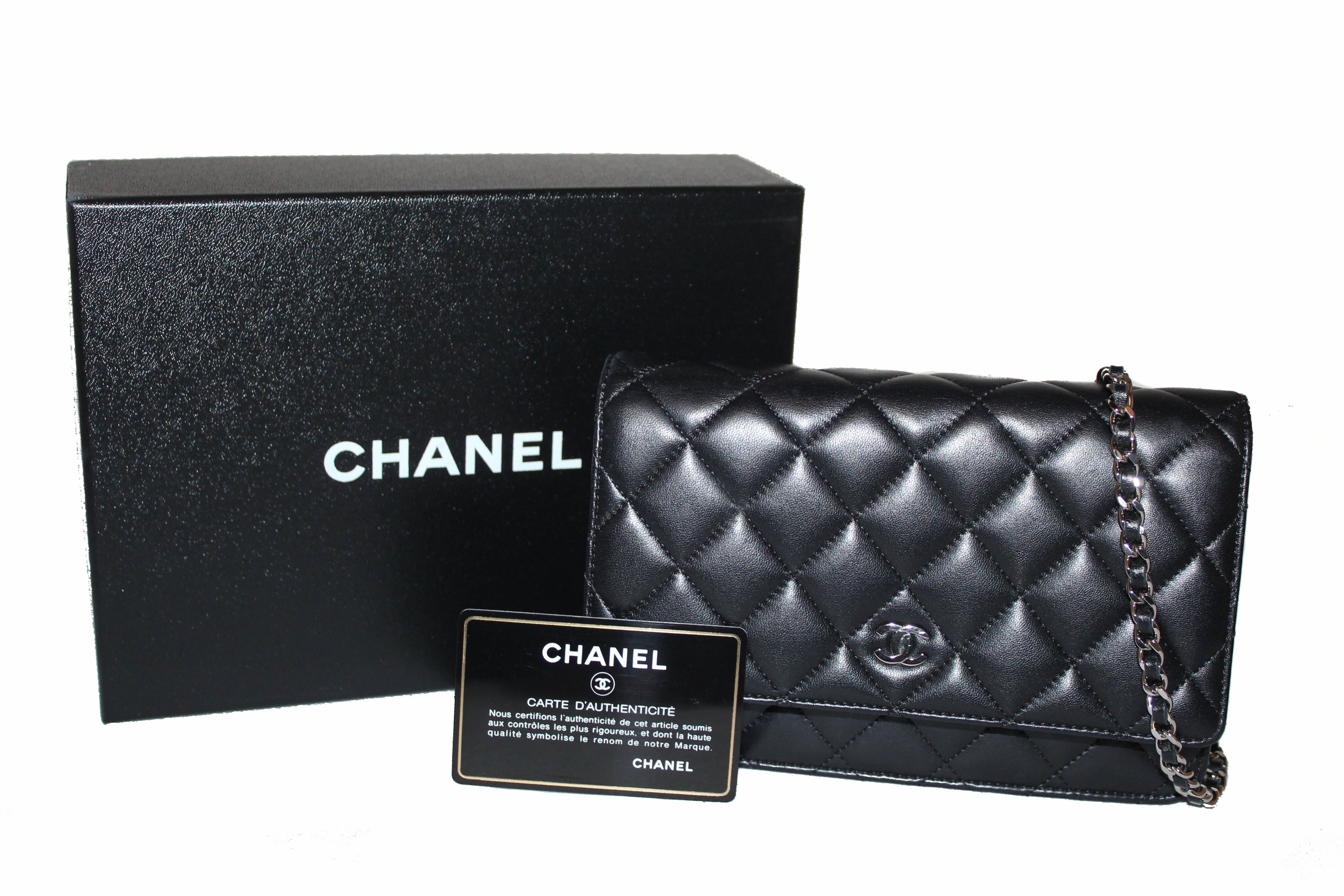 Authentic Chanel Black Quilted Lambskin Leather Wallet on Chain WOC Messenger Bag