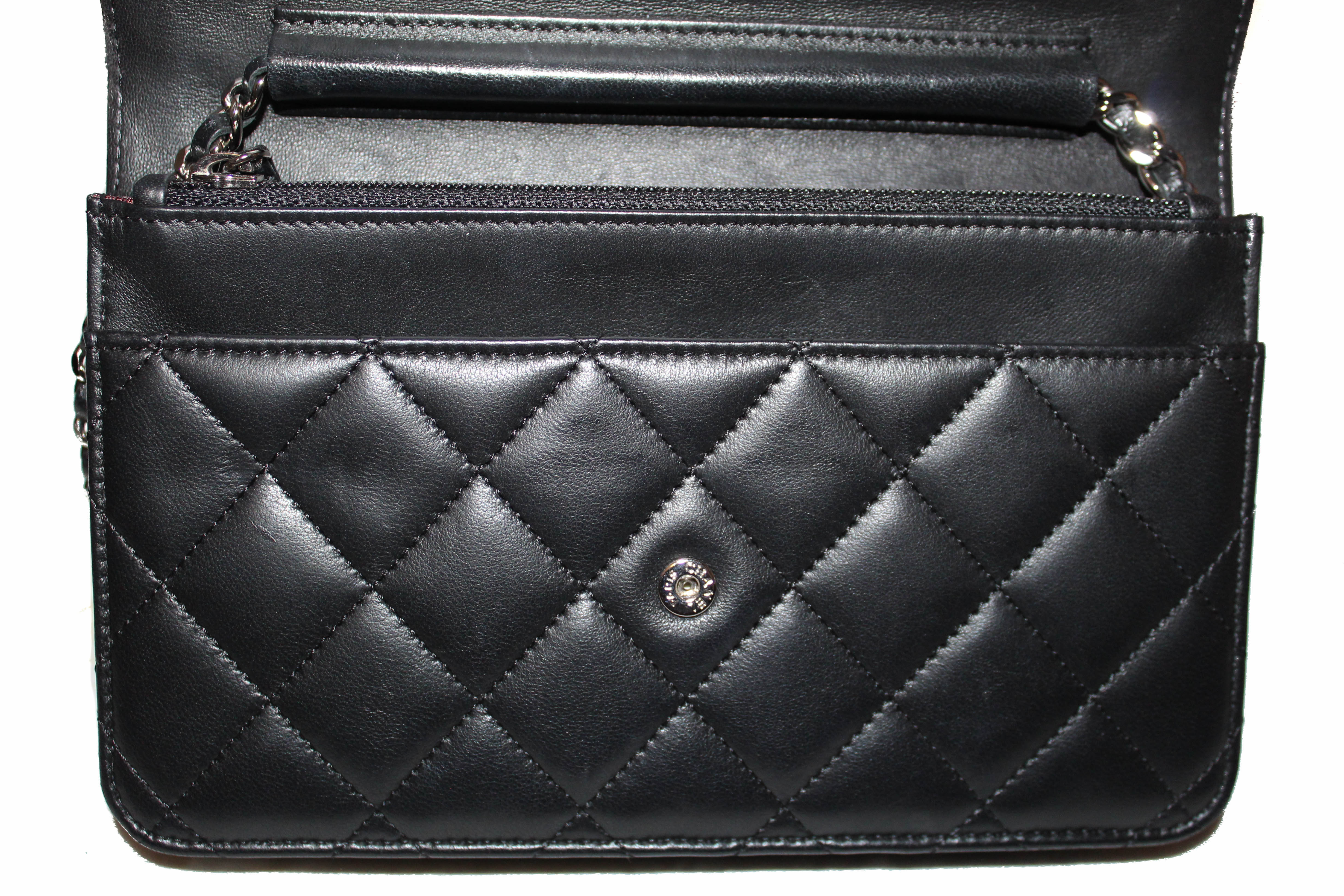 Authentic Chanel Black Quilted Lambskin Leather Wallet on Chain WOC Messenger Bag