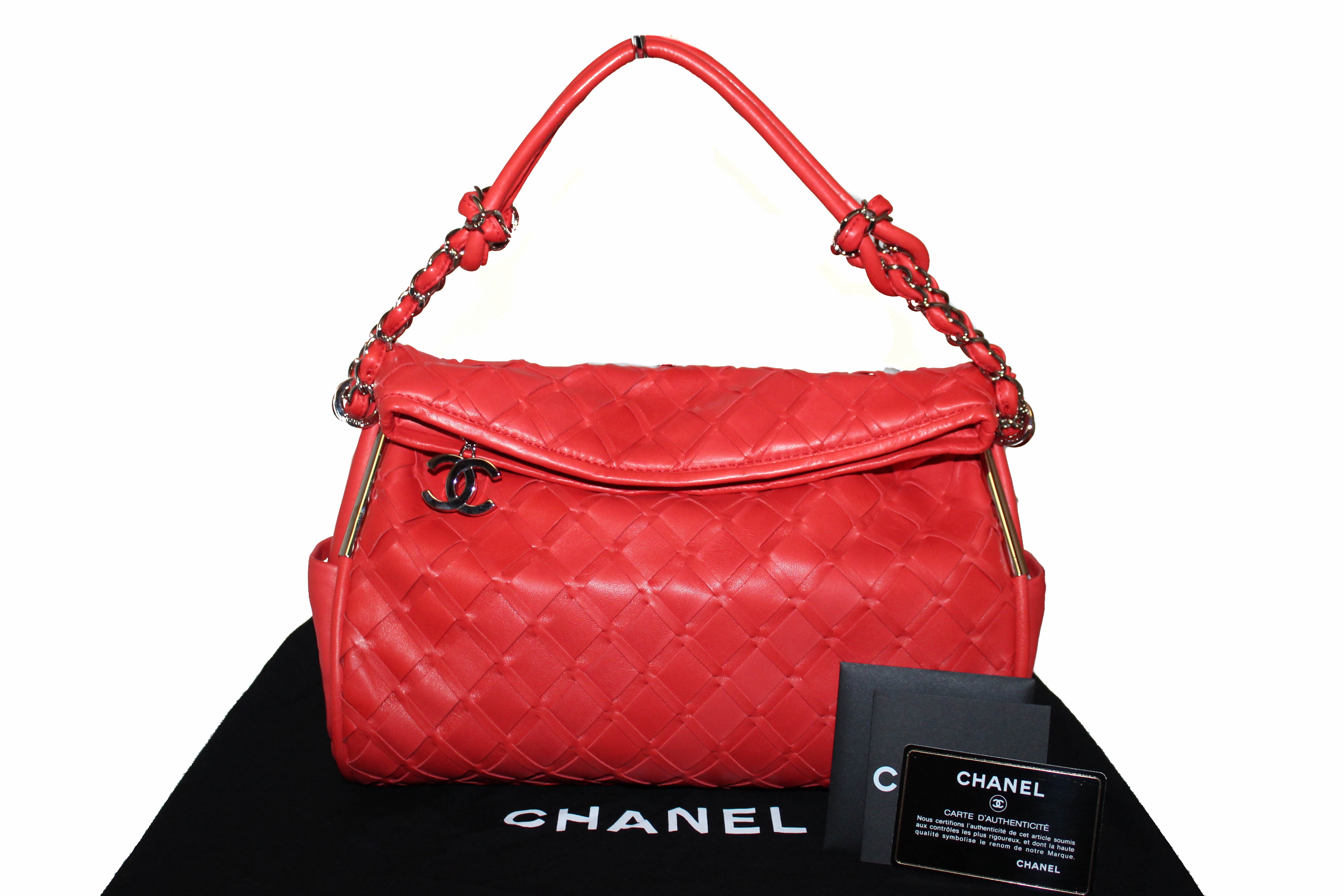 Authentic New Chanel Orange Red Lambskin Leather Woven Ultimate Soft Hobo Shoulder Bag