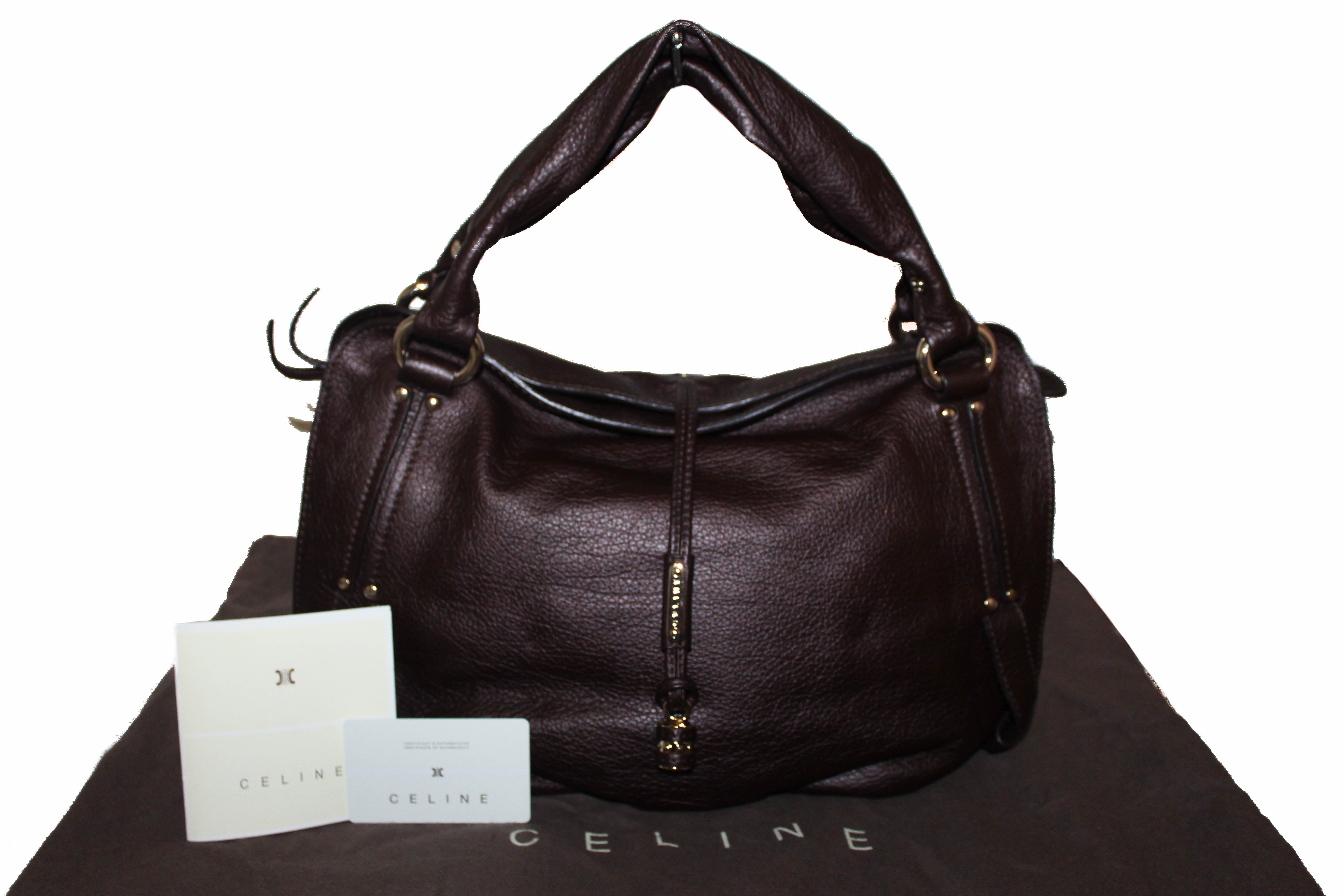 Authentic New Celine Brown Grained Leather Bittersweet Tote Shoulder Bag