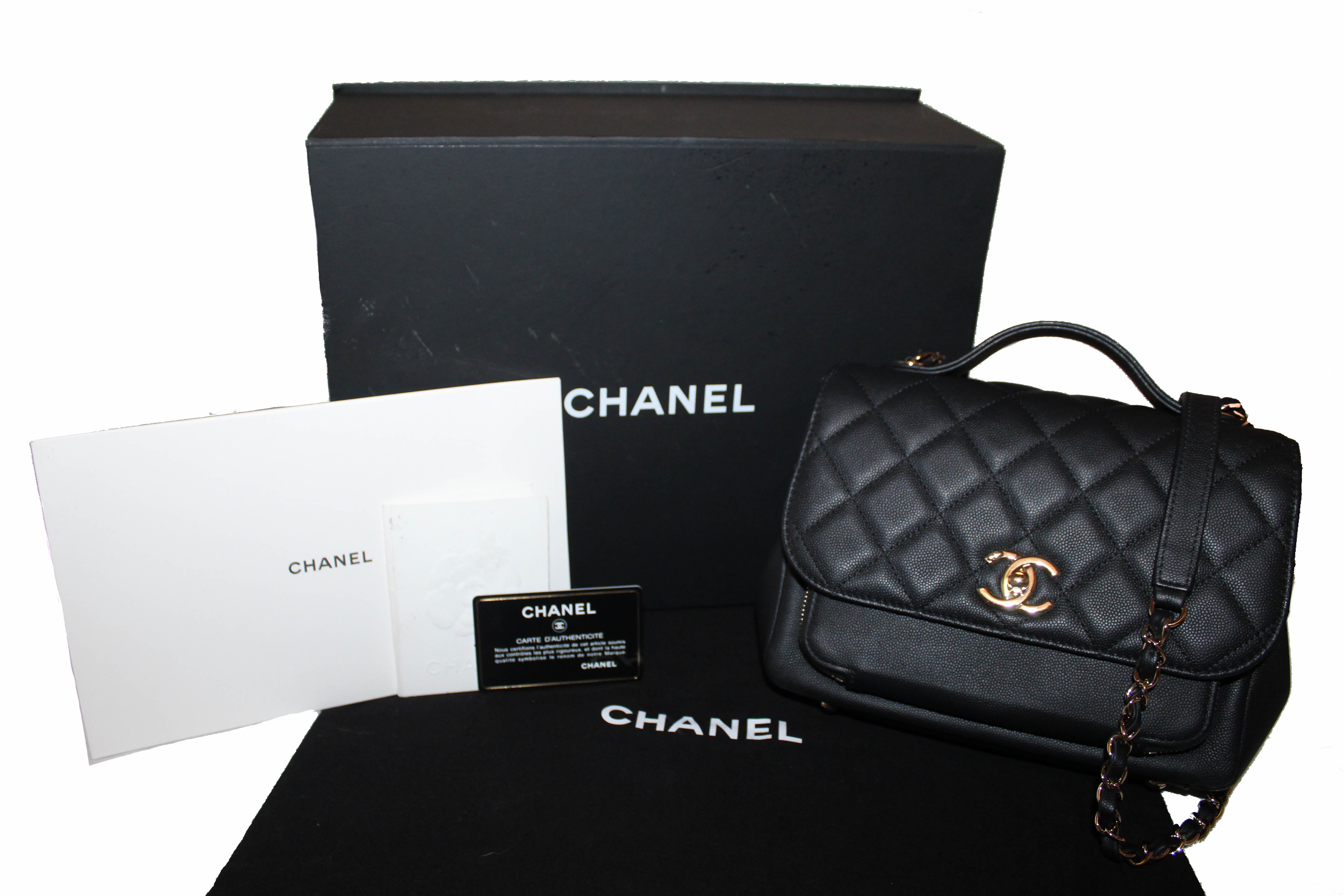 Authentic Chanel Black Caviar Leather Medium Business Affinity Flap Bag with Top Handle Messenger Bag
