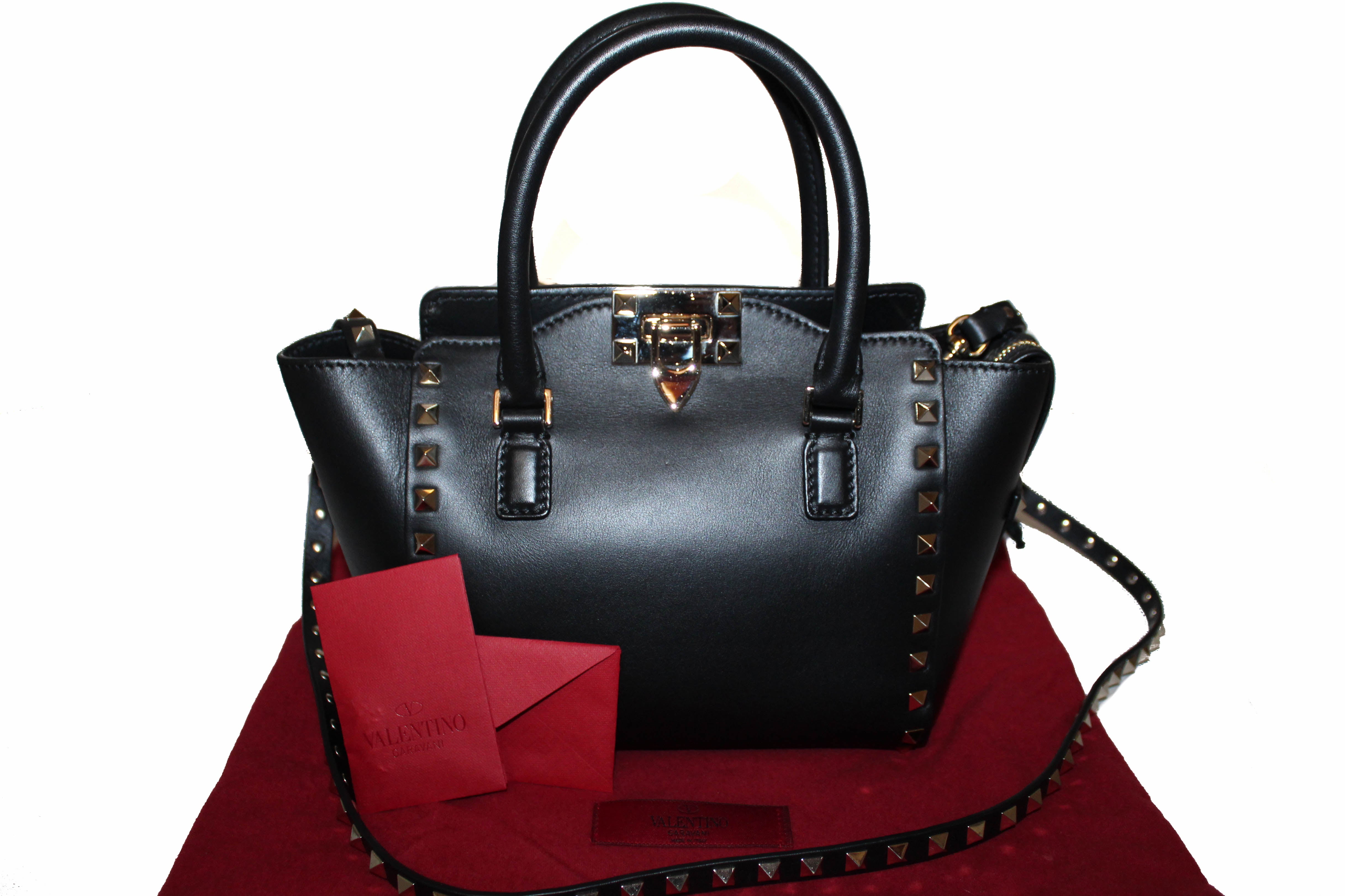 Authentic Valentino Black Leather Rockstud Micro Mini Tote Bag