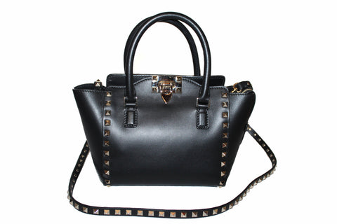 Authentic Valentino Black Leather Rockstud Micro Mini Tote Bag