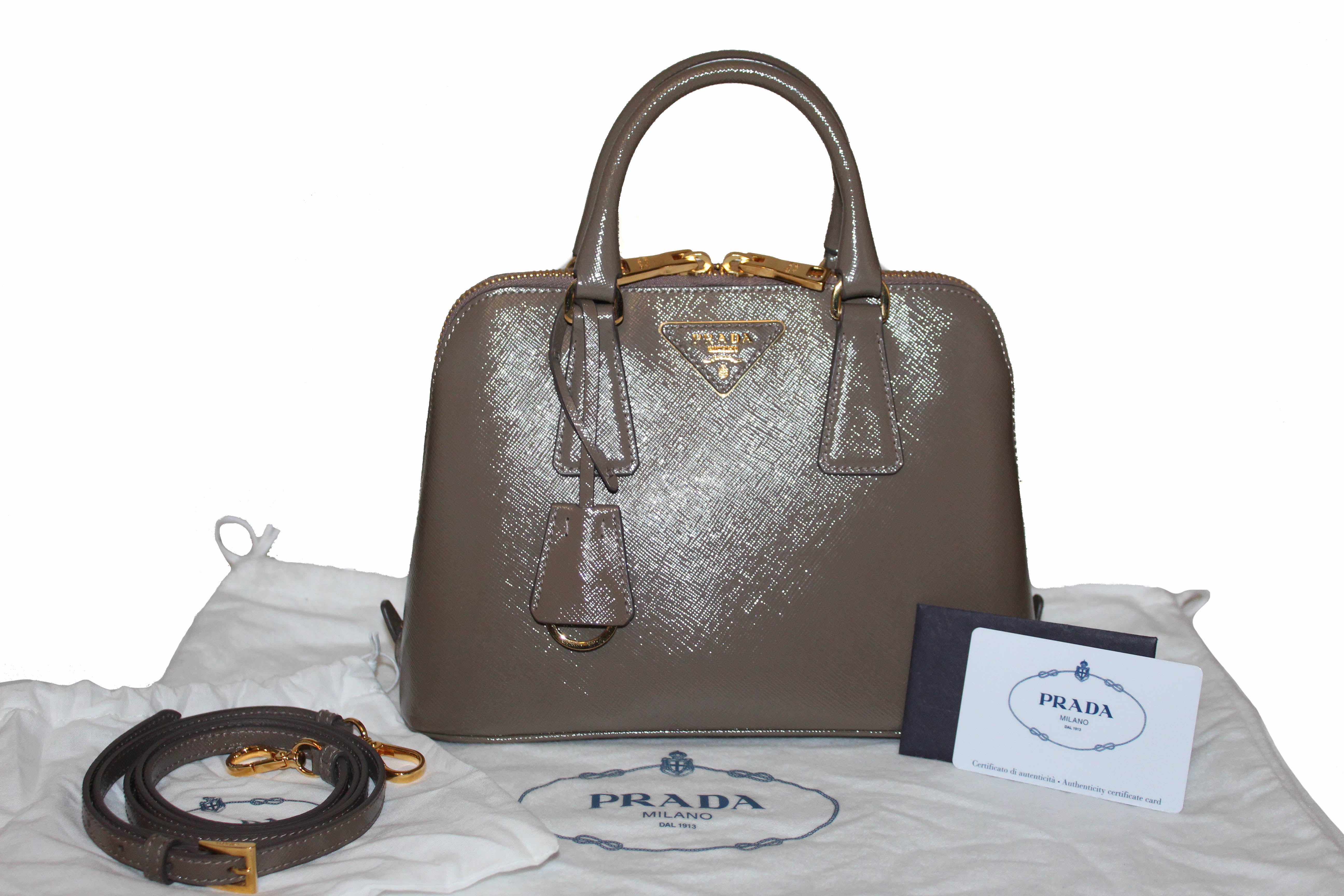 Authentic Prada Argilla Grey Vernice Saffiano Leather Small Promenade Alma Bag
