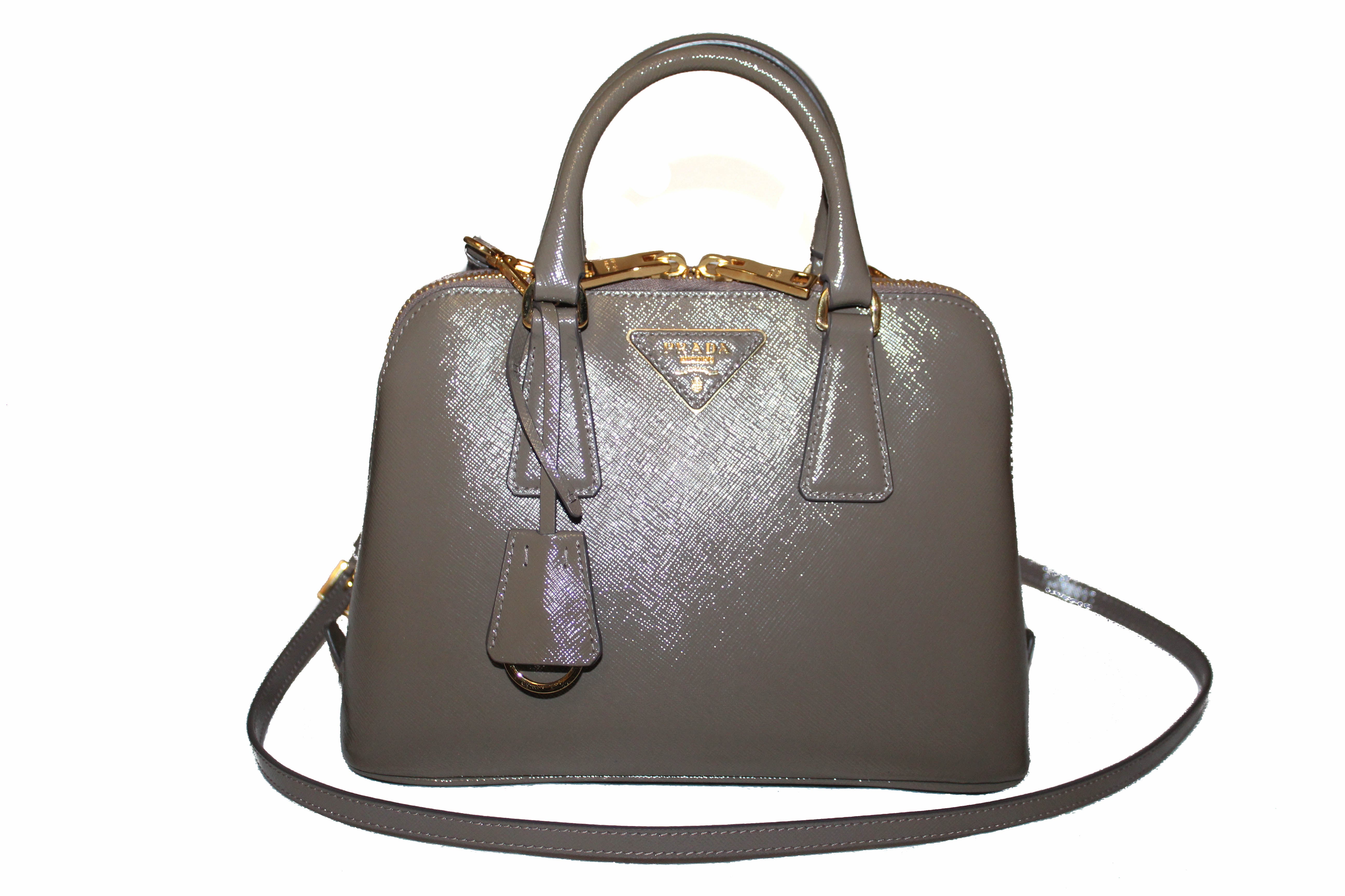 Authentic Prada Argilla Grey Vernice Saffiano Leather Small Promenade Alma Bag
