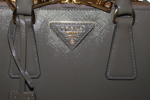 Authentic Prada Argilla Grey Vernice Saffiano Leather Small Promenade Alma Bag