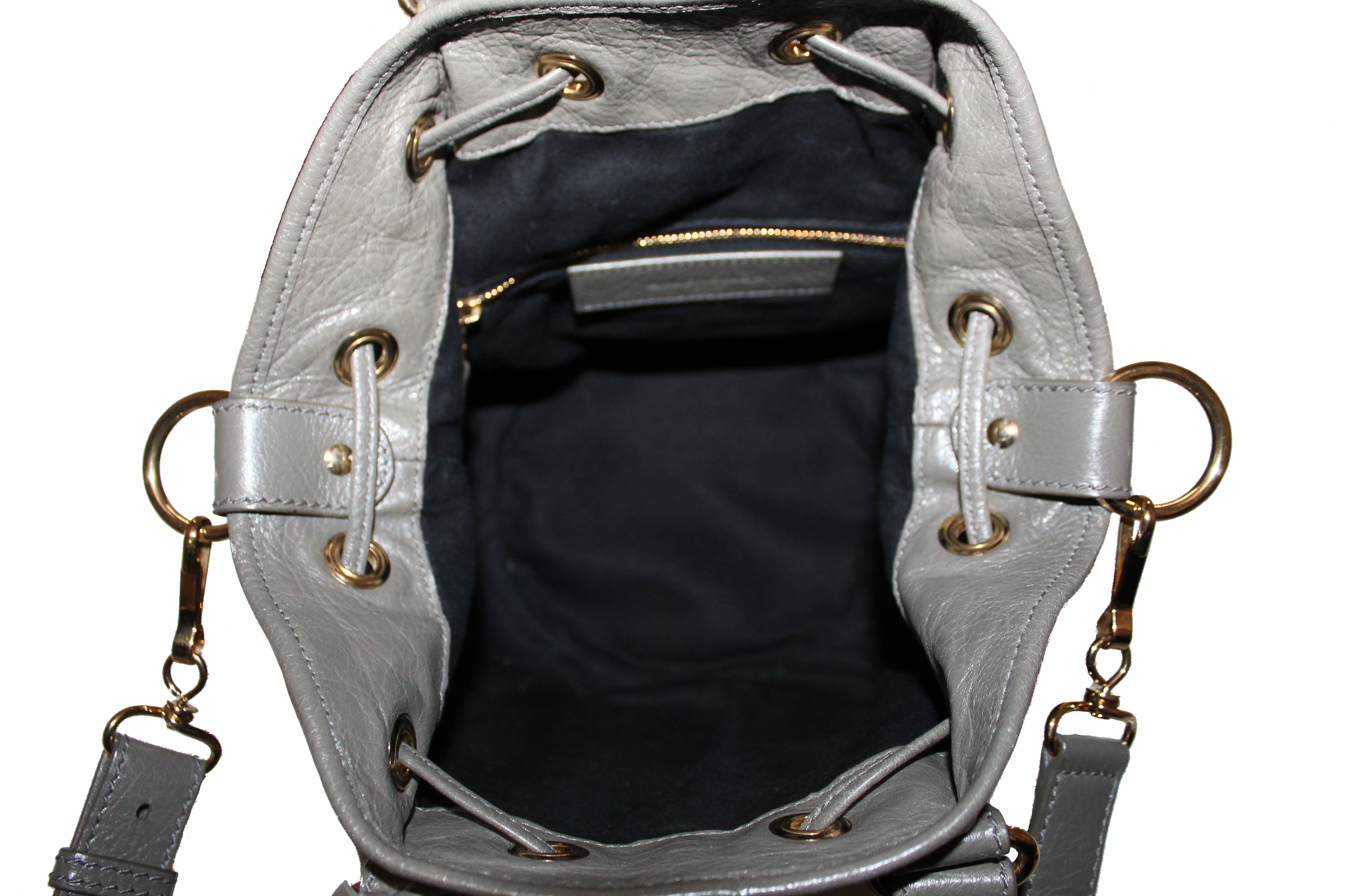 Authentic Balenciaga Grey Leather Mini Pompon Bucket Messenger Bag