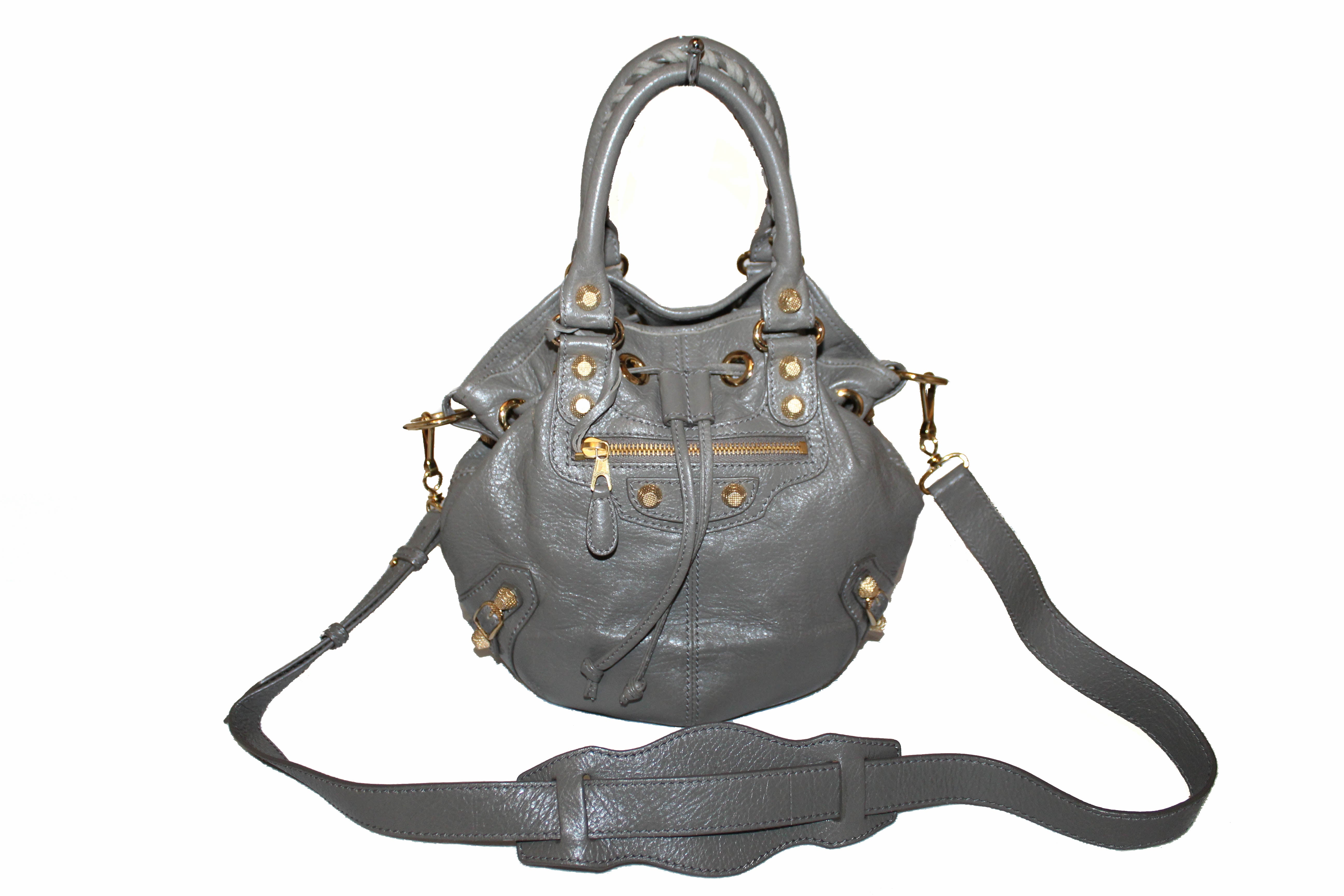 Balenciaga Grey Leather Mini Pompon Bucket Messenger Bag – Paris Shop
