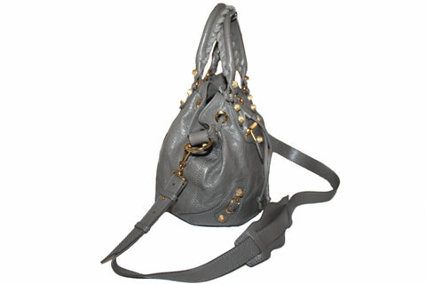 Authentic Balenciaga Grey Leather Mini Pompon Bucket Messenger Bag