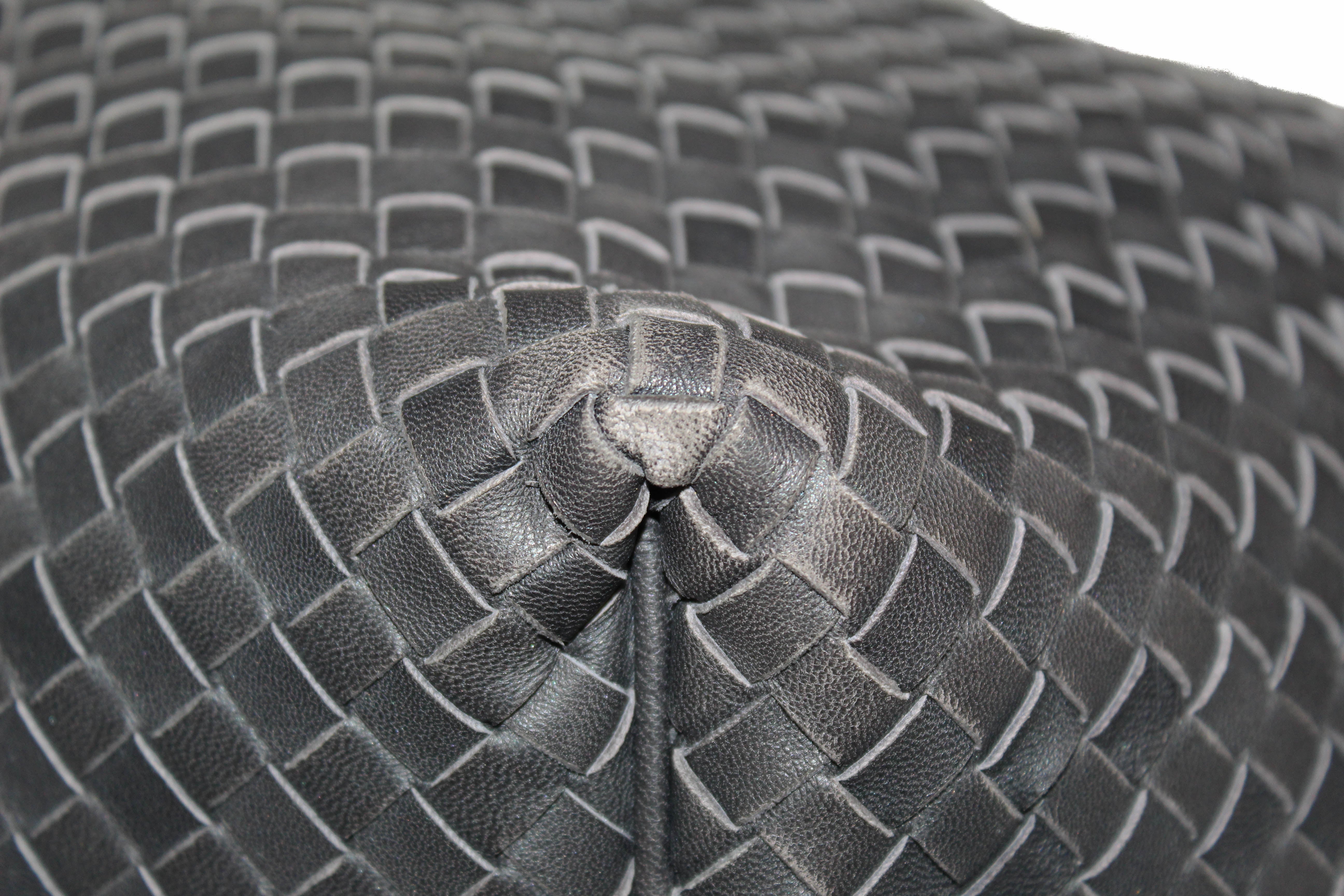 Authentic Bottega Veneta Grey Nappa Leather Intrecciato Woven Sloane Hobo Shoulder Bag