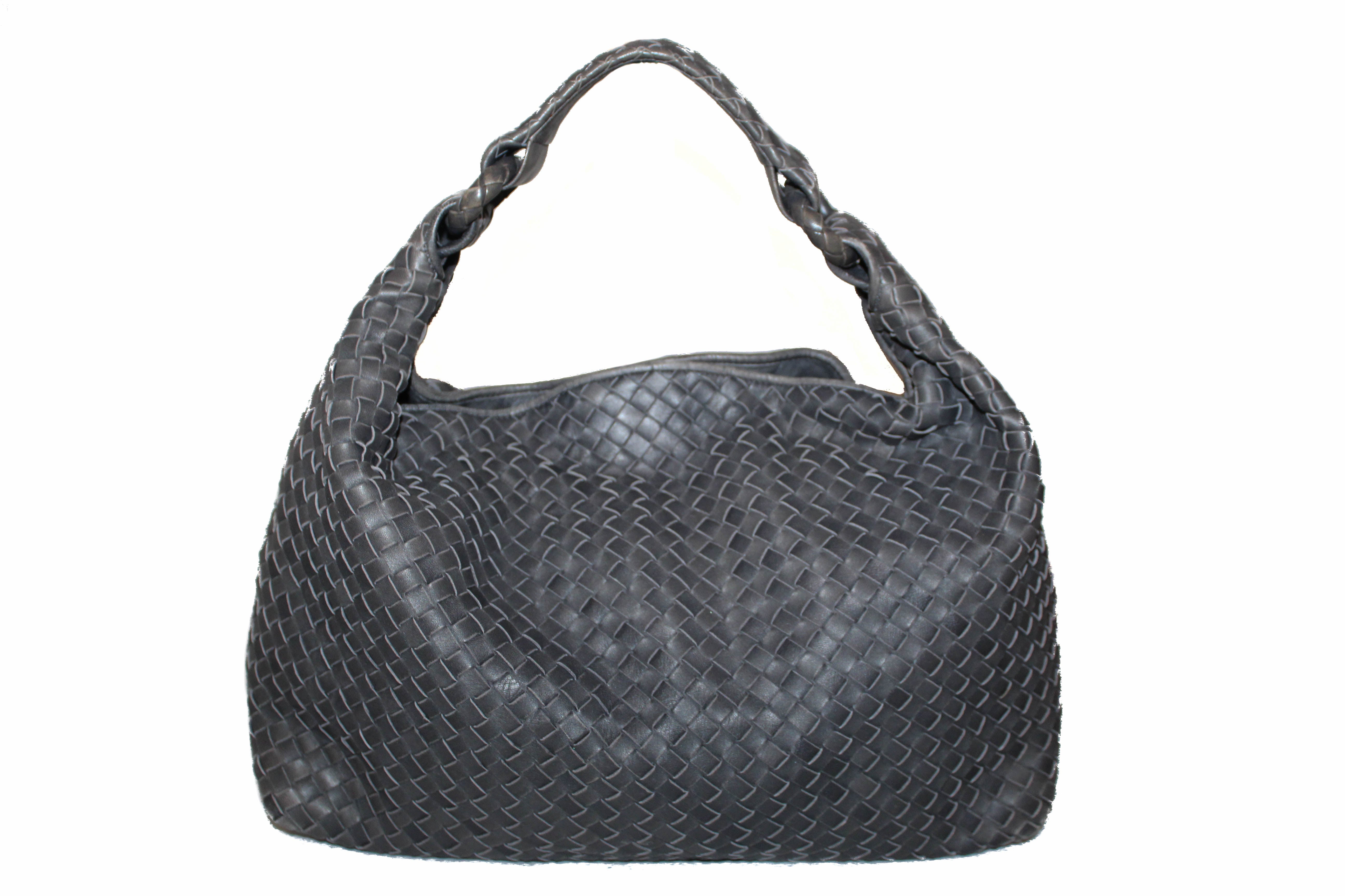 Authentic Bottega Veneta Grey Nappa Leather Intrecciato Woven Sloane Hobo Shoulder Bag