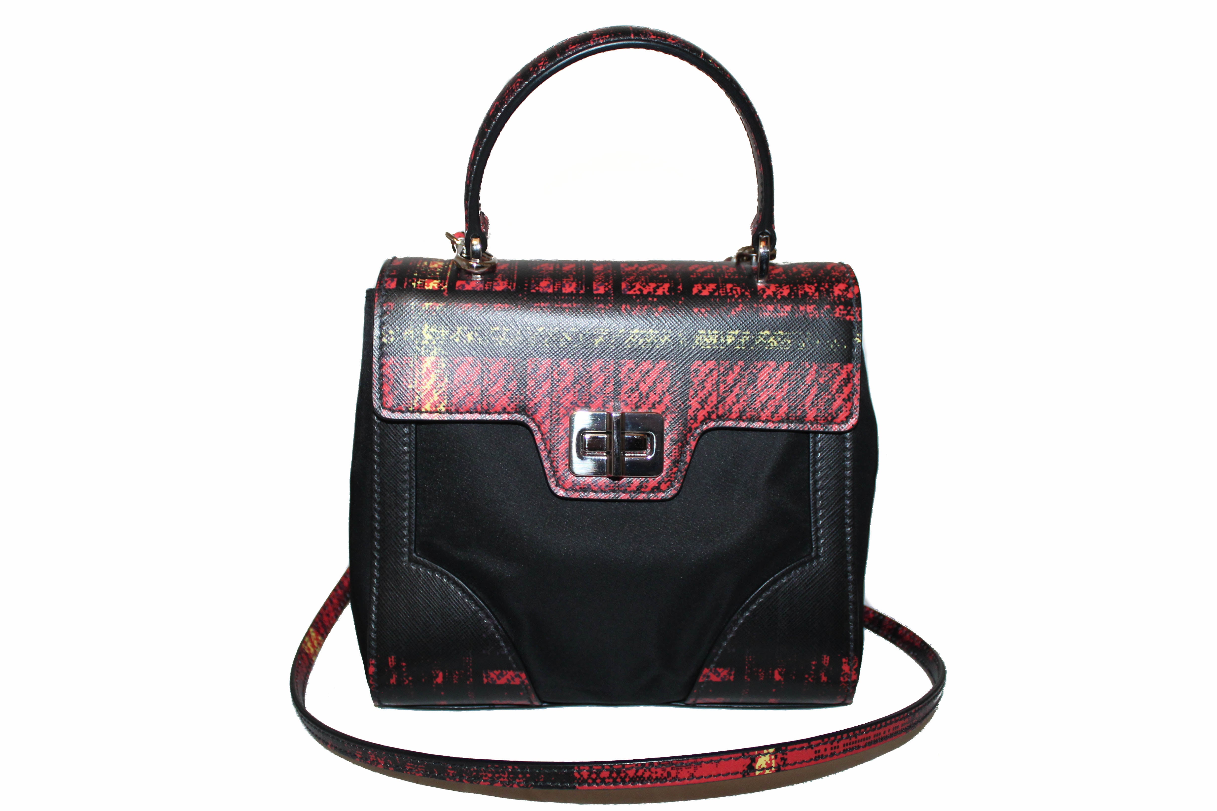 Authentic New Prada Red Plaid Tartan Saffiano Leather and Nylon Top Handle Messenger Bag with Long Strap