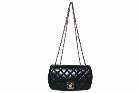 Authentic Chanel Black Lambskin Leather Mini Rectangular Quilted Classic Chain Bag