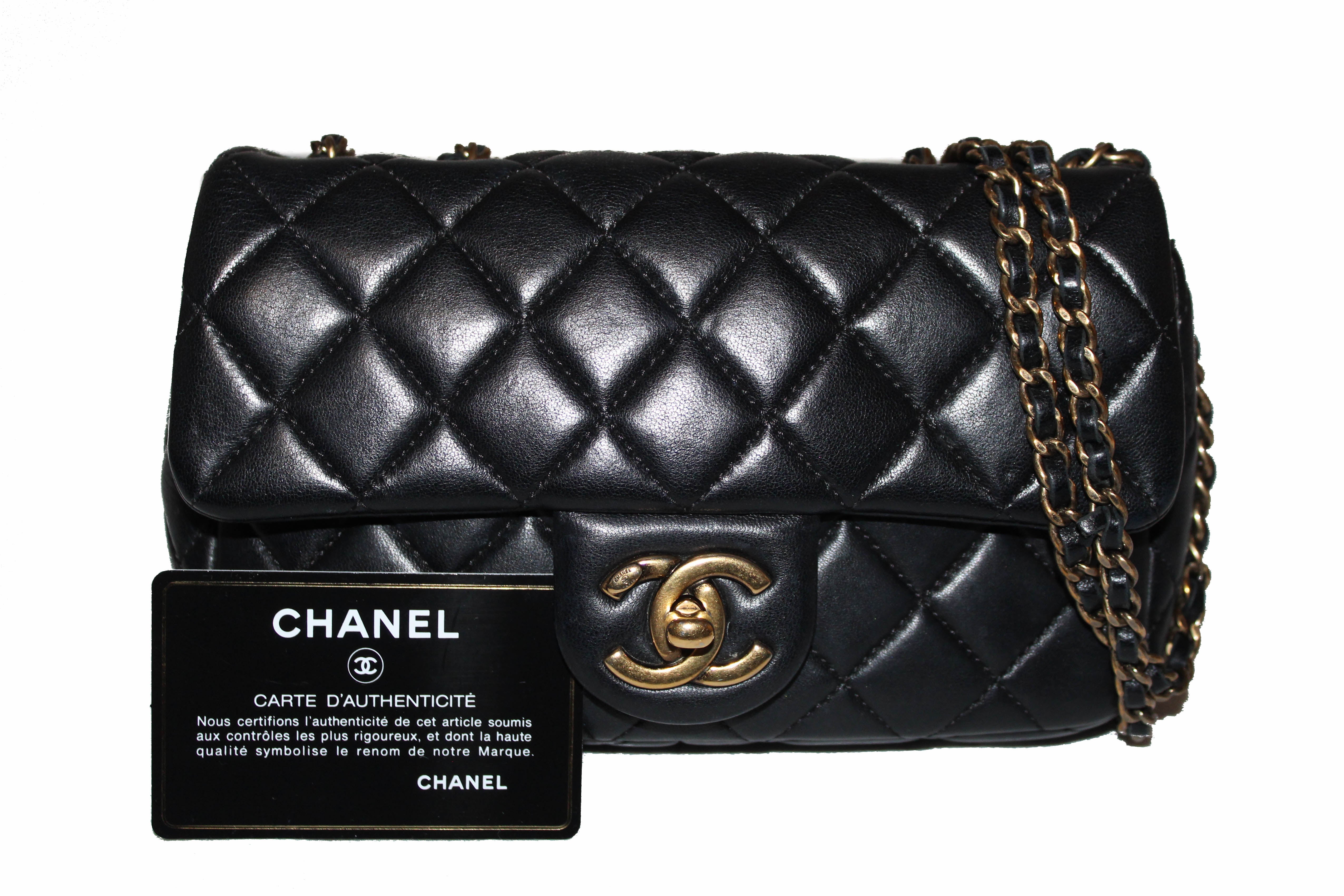 Authentic Chanel Black Lambskin Leather Mini Rectangular Quilted Classic Chain Bag
