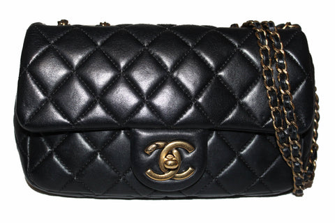 Authentic Chanel Black Lambskin Leather Mini Rectangular Quilted Classic Chain Bag