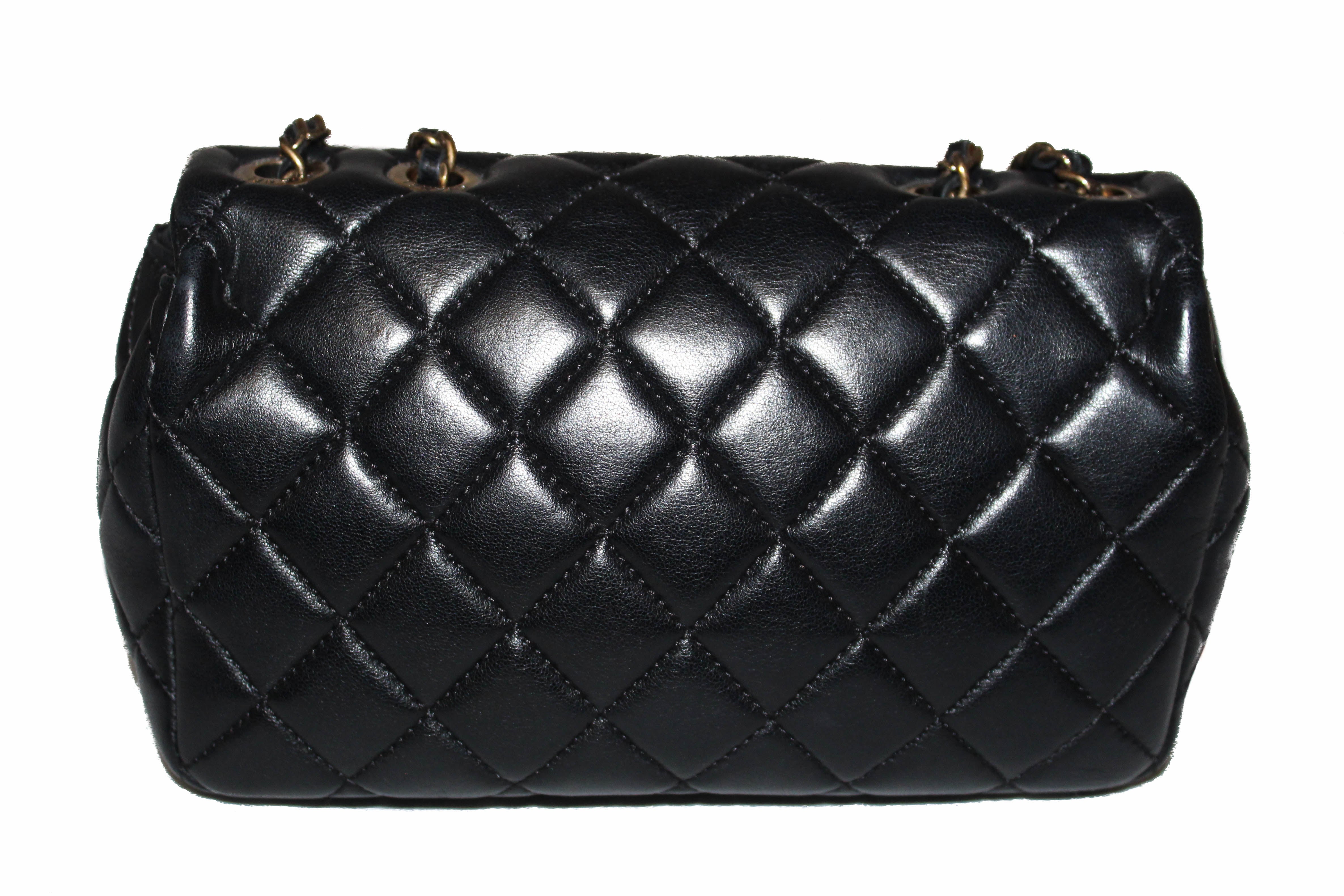 Authentic Chanel Black Lambskin Leather Mini Rectangular Quilted Classic Chain Bag