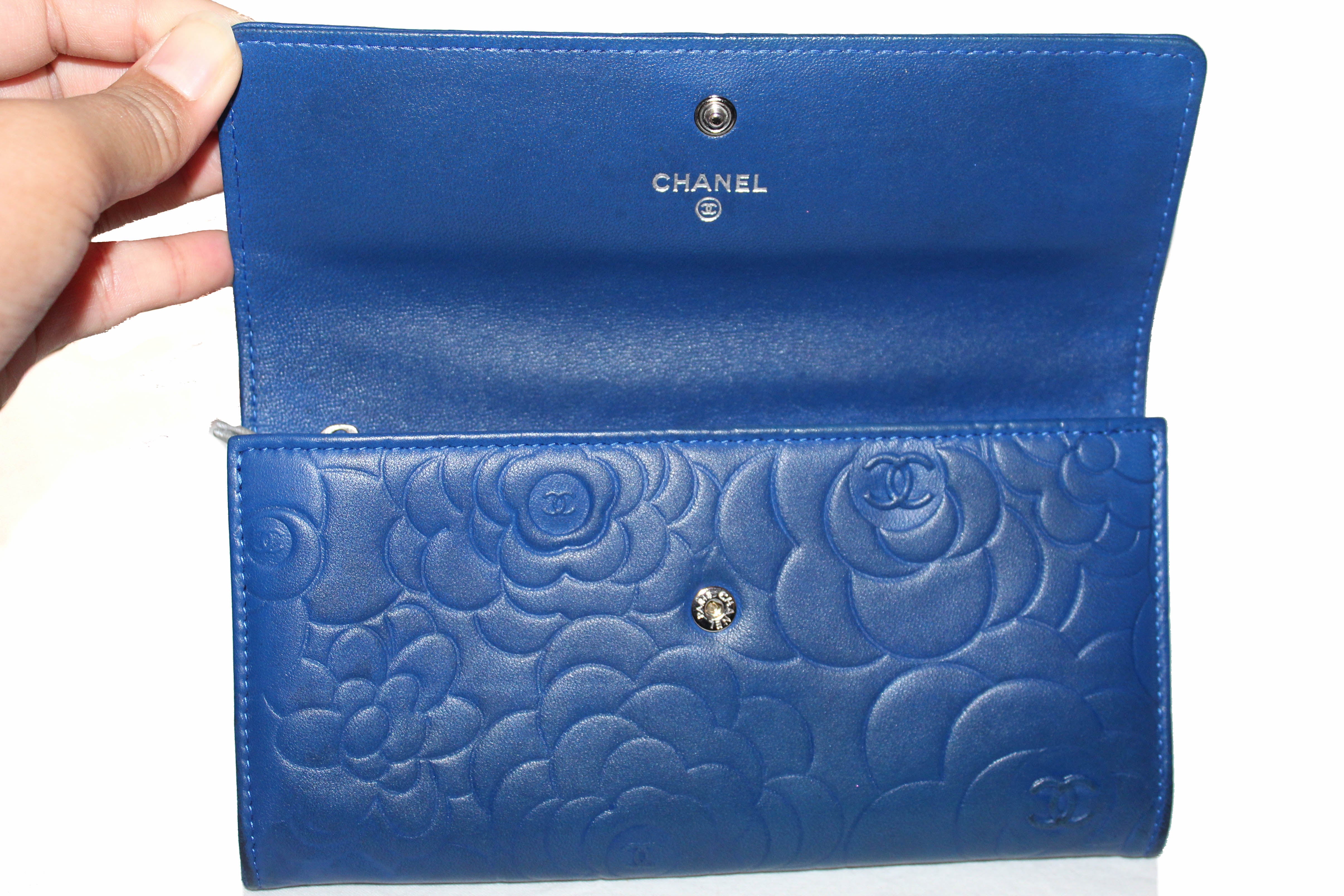 Authentic Chanel Blue Lambskin Leather Camellia Flap Wallet
