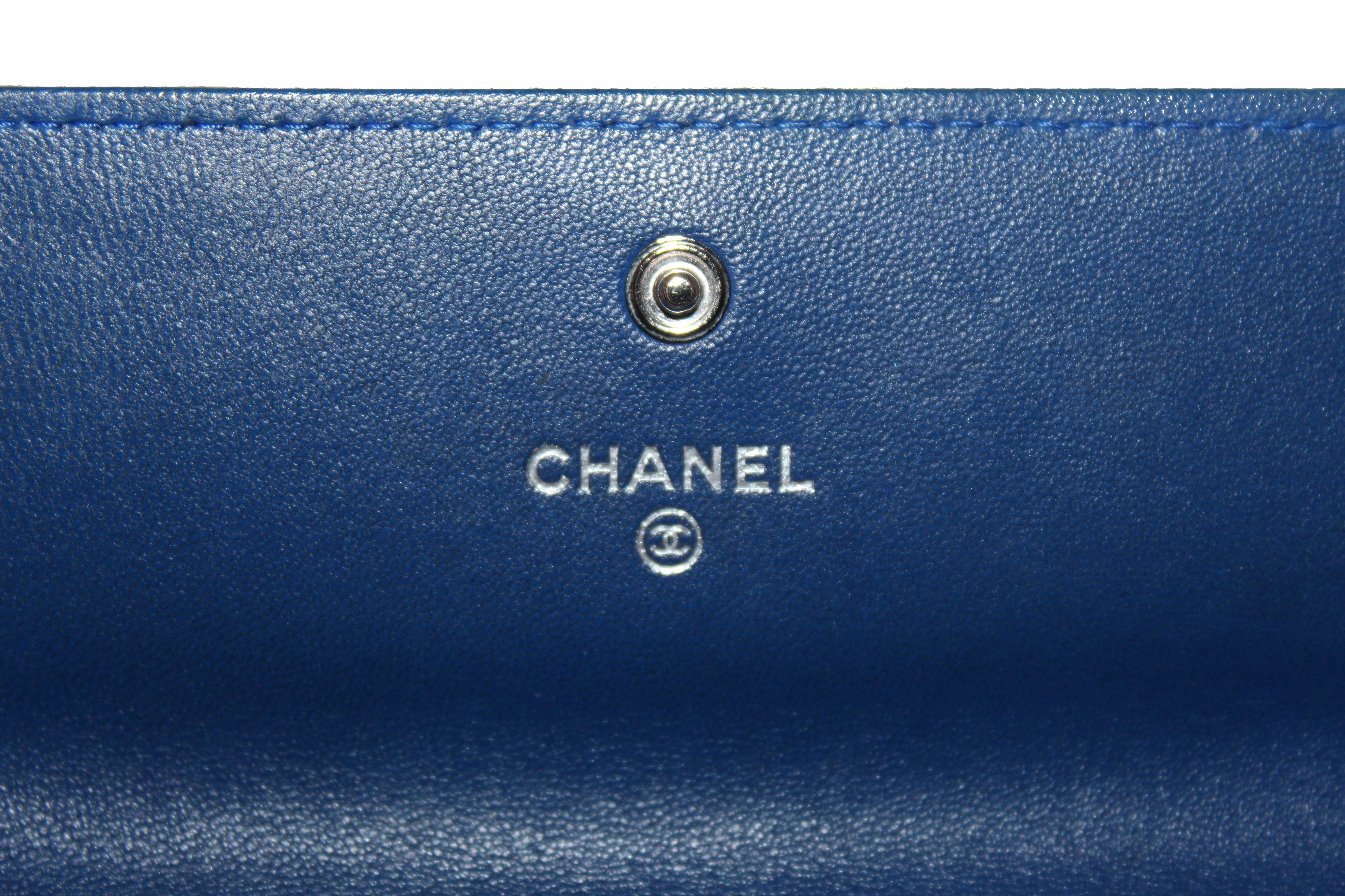 Authentic Chanel Blue Lambskin Leather Camellia Flap Wallet