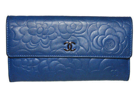 Authentic Chanel Blue Lambskin Leather Camellia Flap Wallet