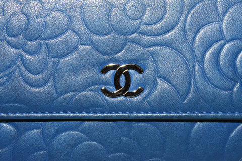 Authentic Chanel Blue Lambskin Leather Camellia Flap Wallet