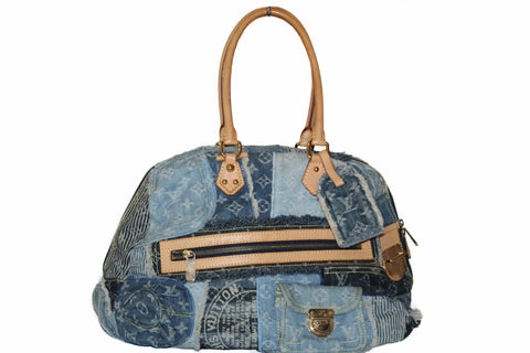 Authentic Louis Vuitton Blue Denim Patchwork Bowly Bag