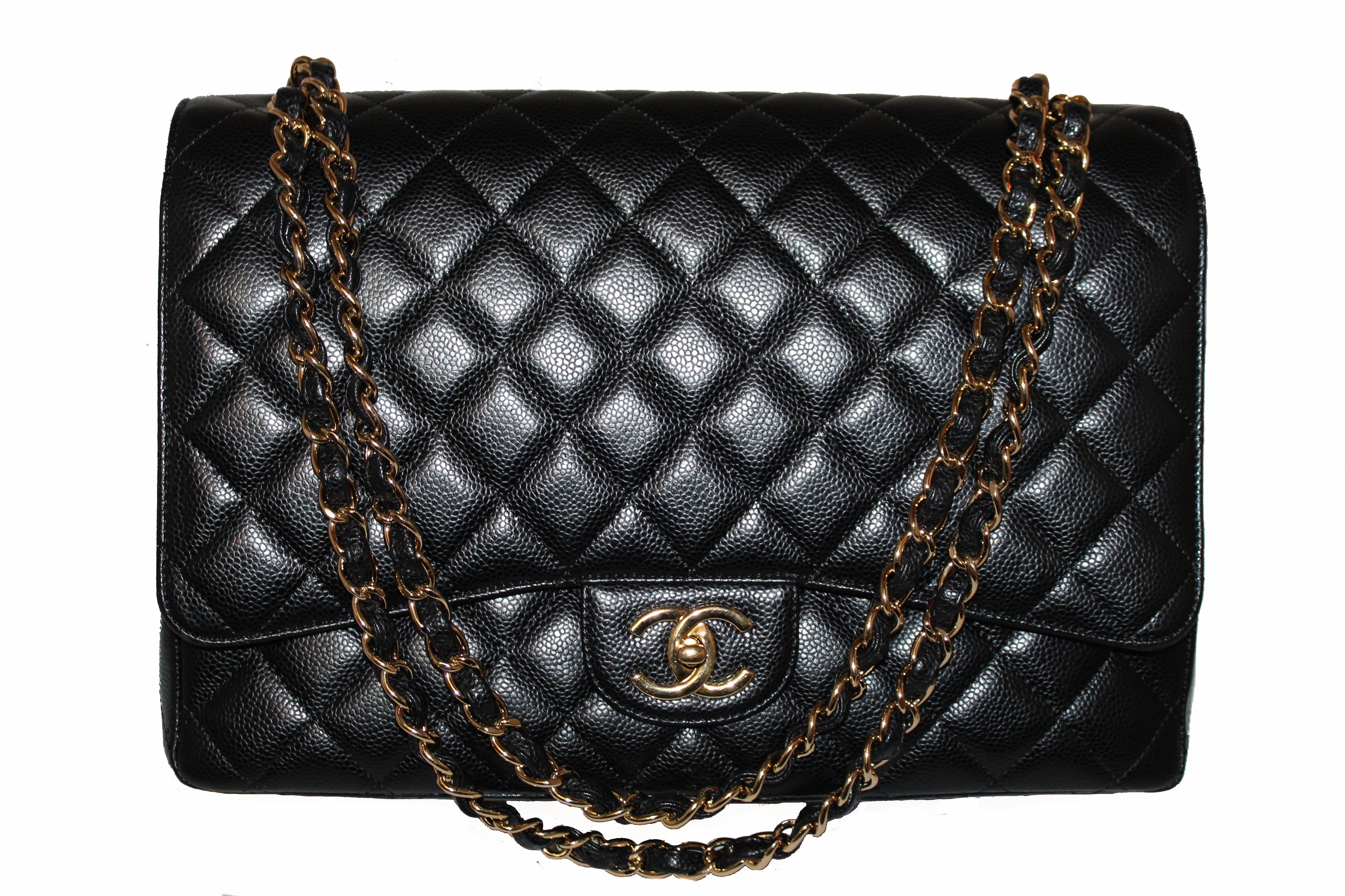 Authentic Chanel Black Quilted Caviar Leather Maxi Double Flap Bag