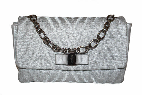 Authentic Salvatore Ferragamo Metallic Silver Tweed & Leather Clutch with Silver Chain Bag AU-21/G193