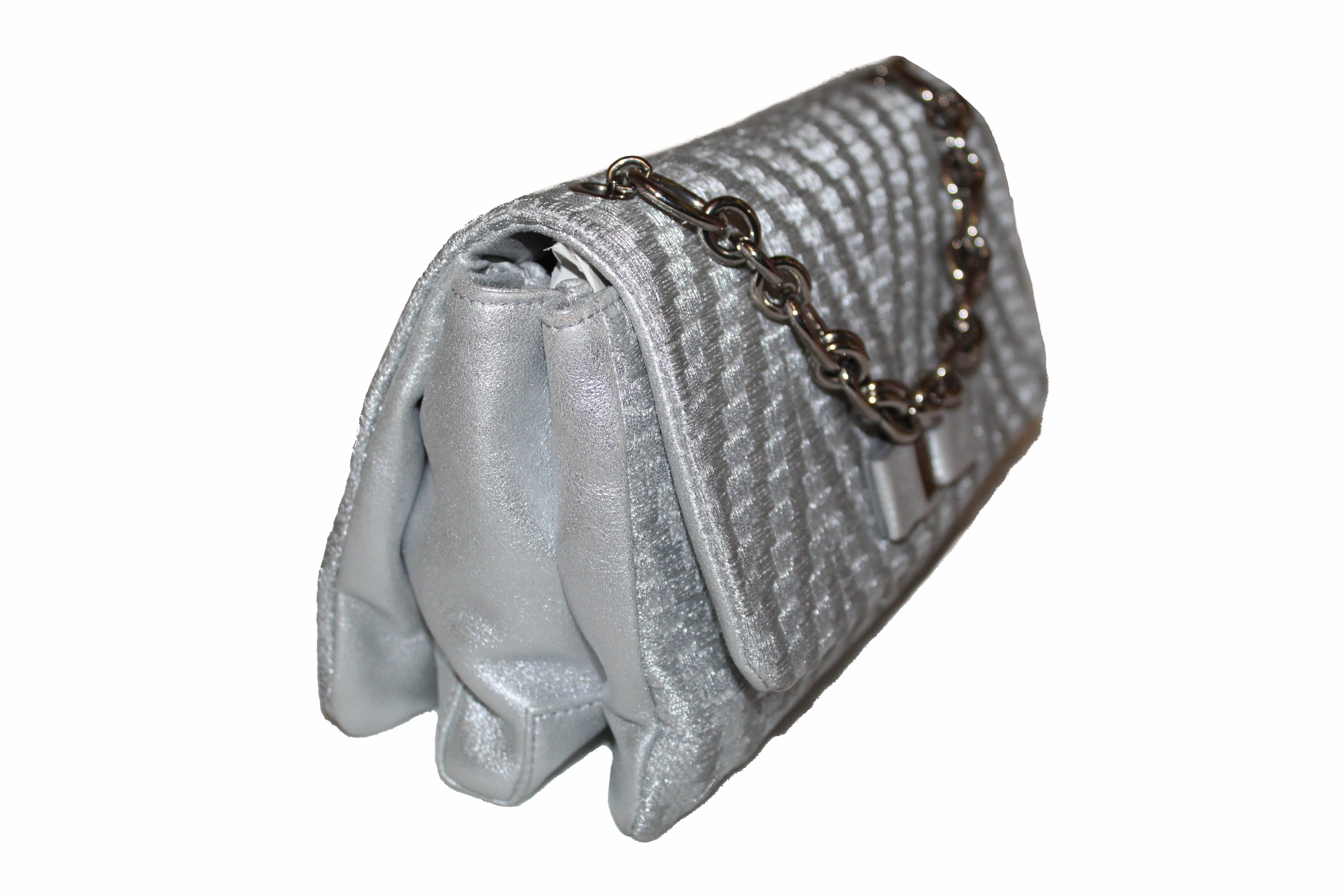 Authentic Salvatore Ferragamo Metallic Silver Tweed & Leather Clutch with Silver Chain Bag AU-21/G193