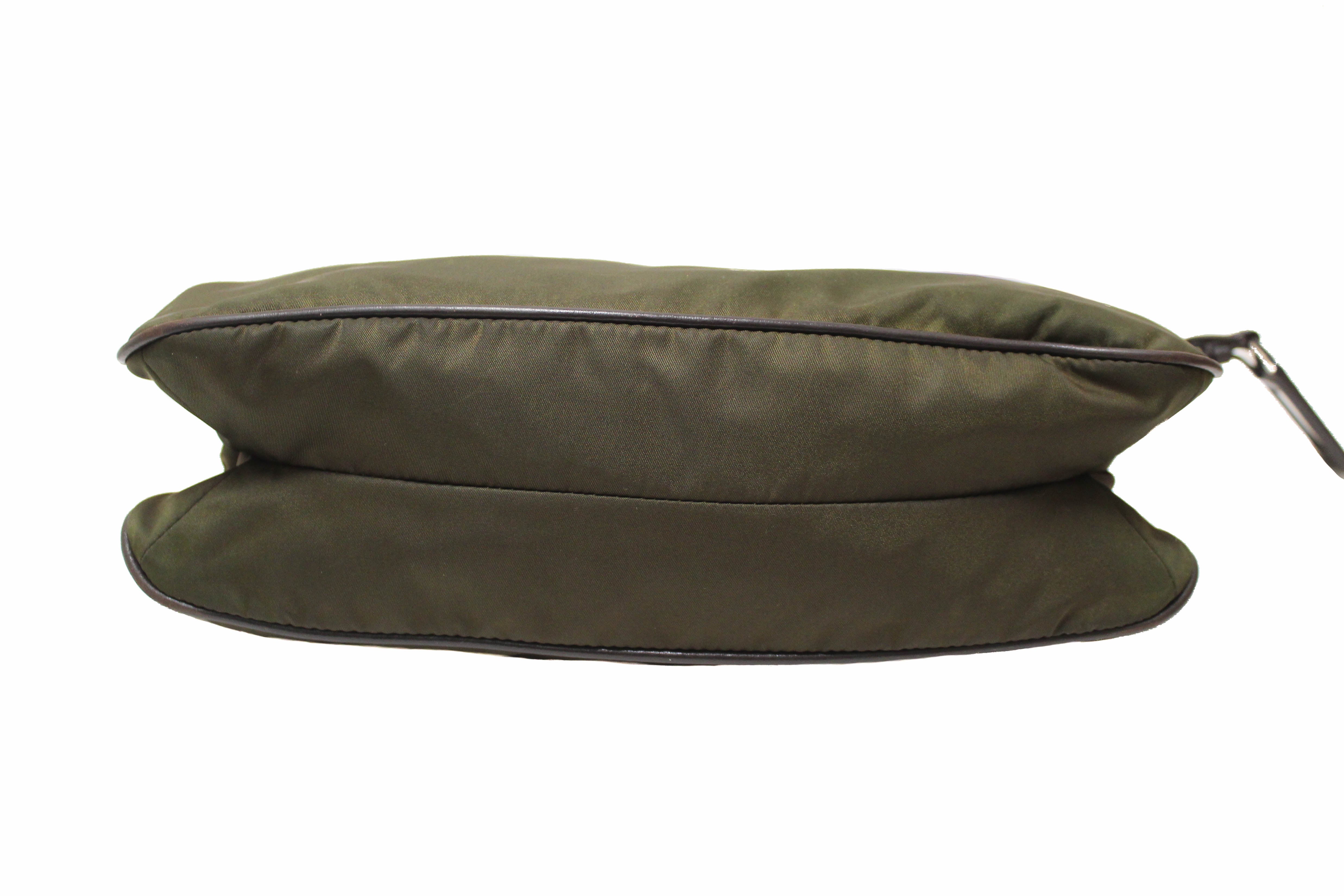 Authentic Prada Green Tessuto Soft Calf Leather and Nylon Shoulder Bag