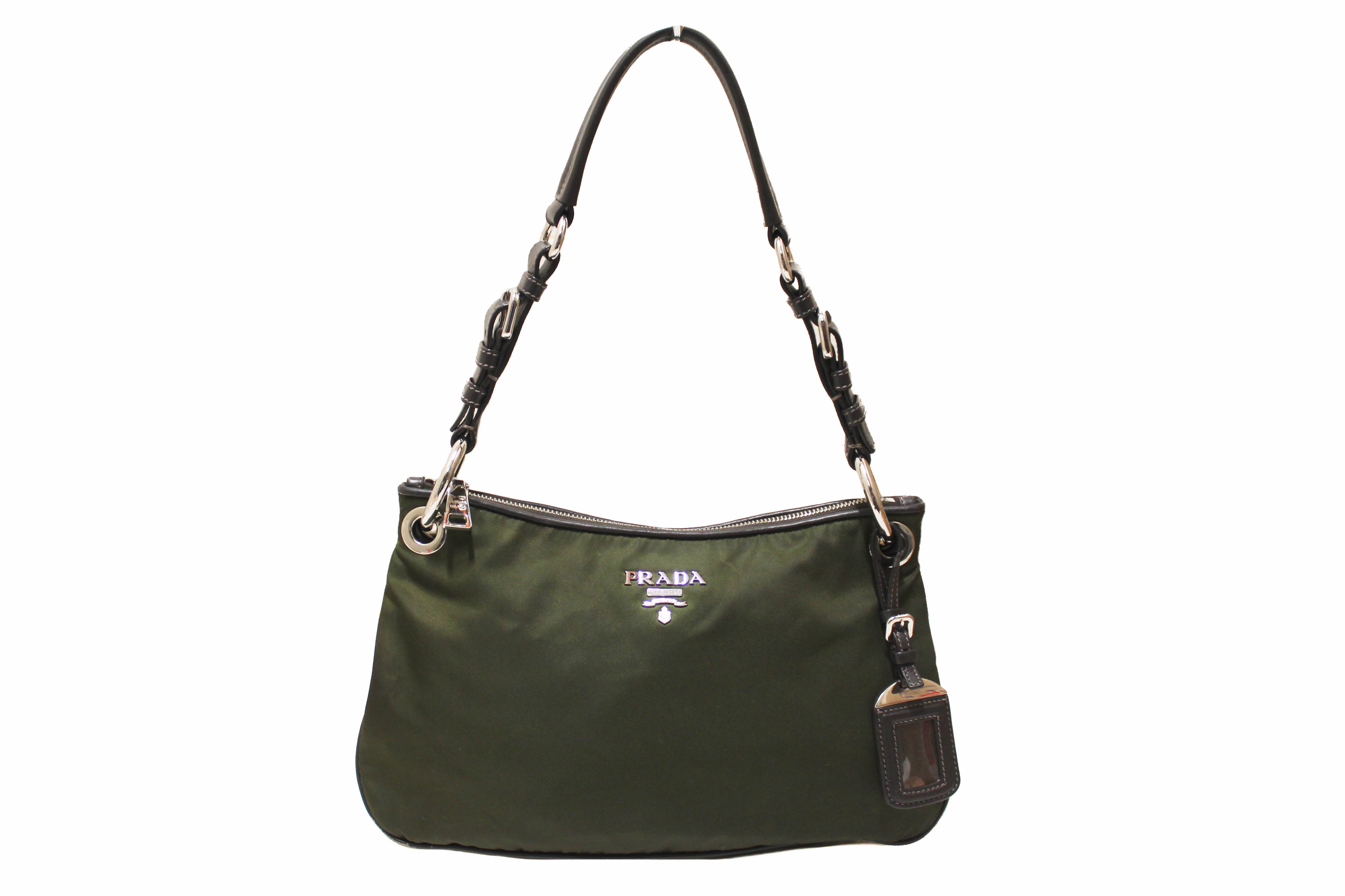 Auth PRADA Green Nylon and Brown Leather 2-Way Tote Shoulder Bag Purse  #53596