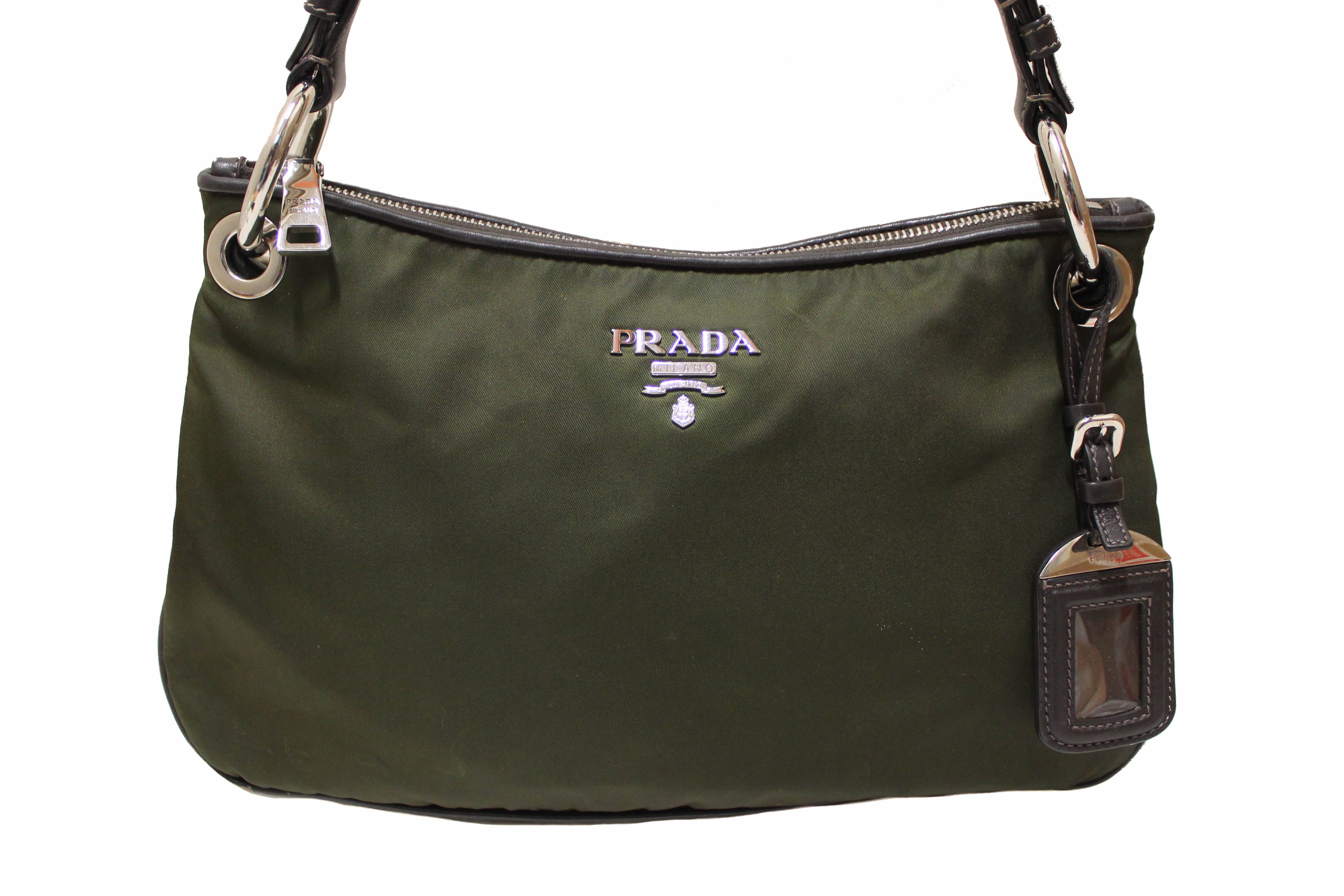 Auth PRADA Green Nylon and Brown Leather 2-Way Tote Shoulder Bag Purse  #53596