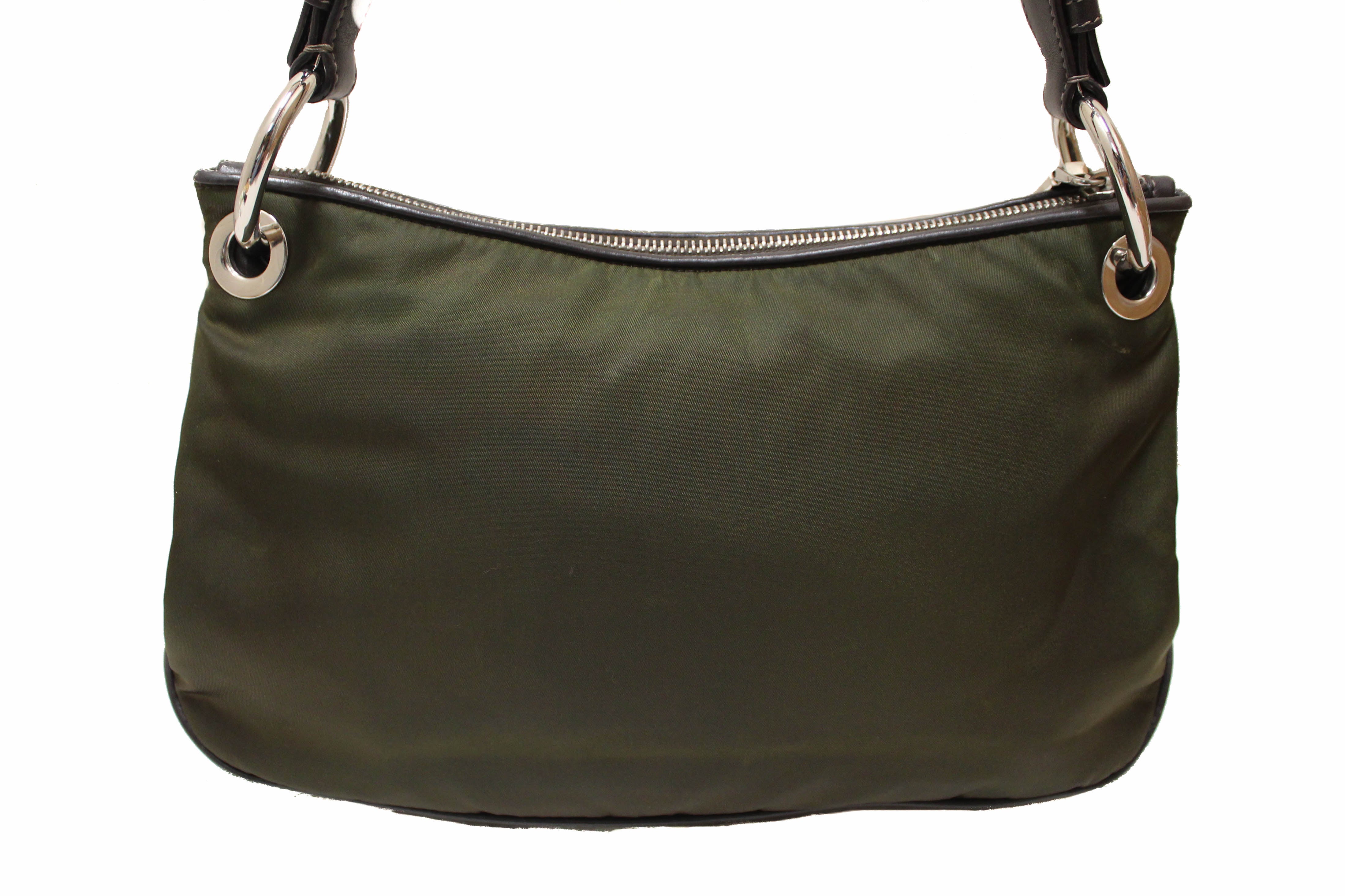 Authentic Prada Green Tessuto Soft Calf Leather and Nylon Shoulder Bag